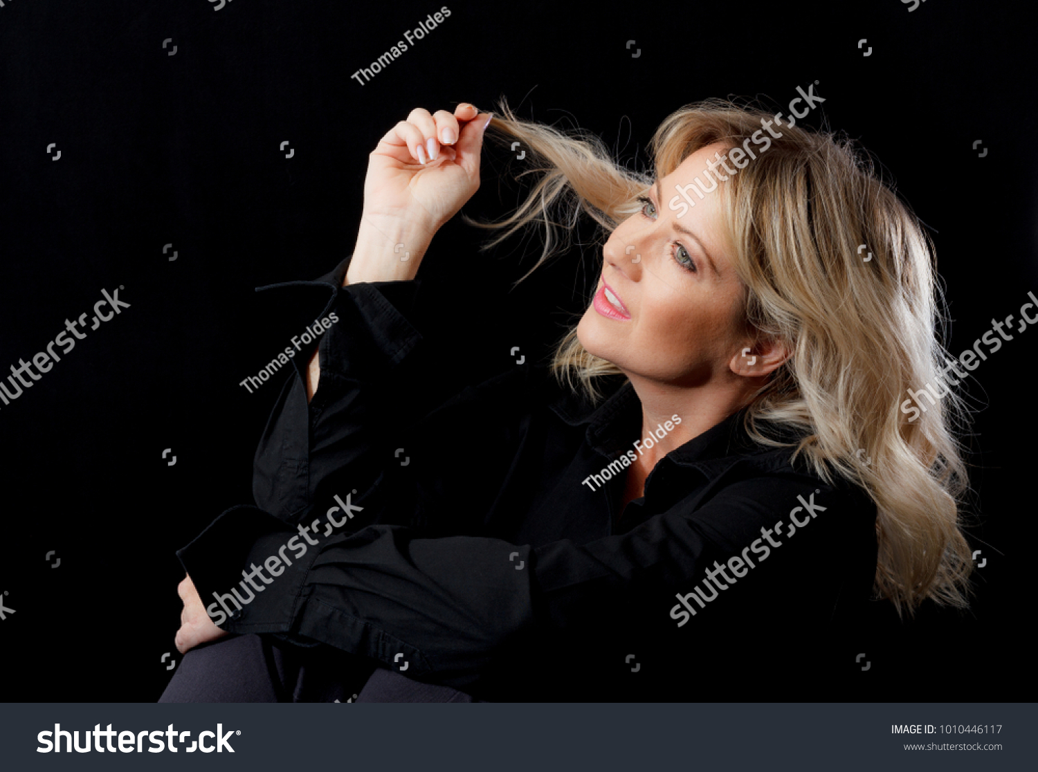 Woman Blonde Lob Haircut On Black Stock Photo Edit Now