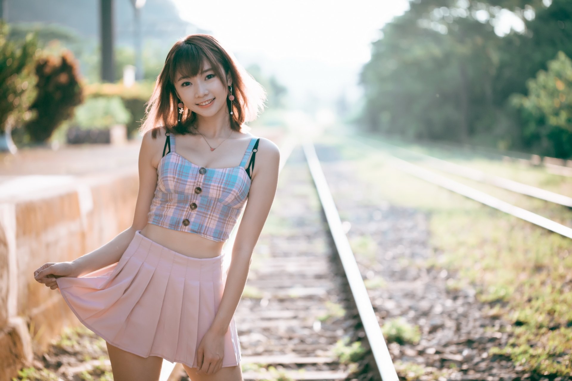 Plaid Brunette Smile Skirt Depth Of Field Model Woman Asian HD Wallpaper