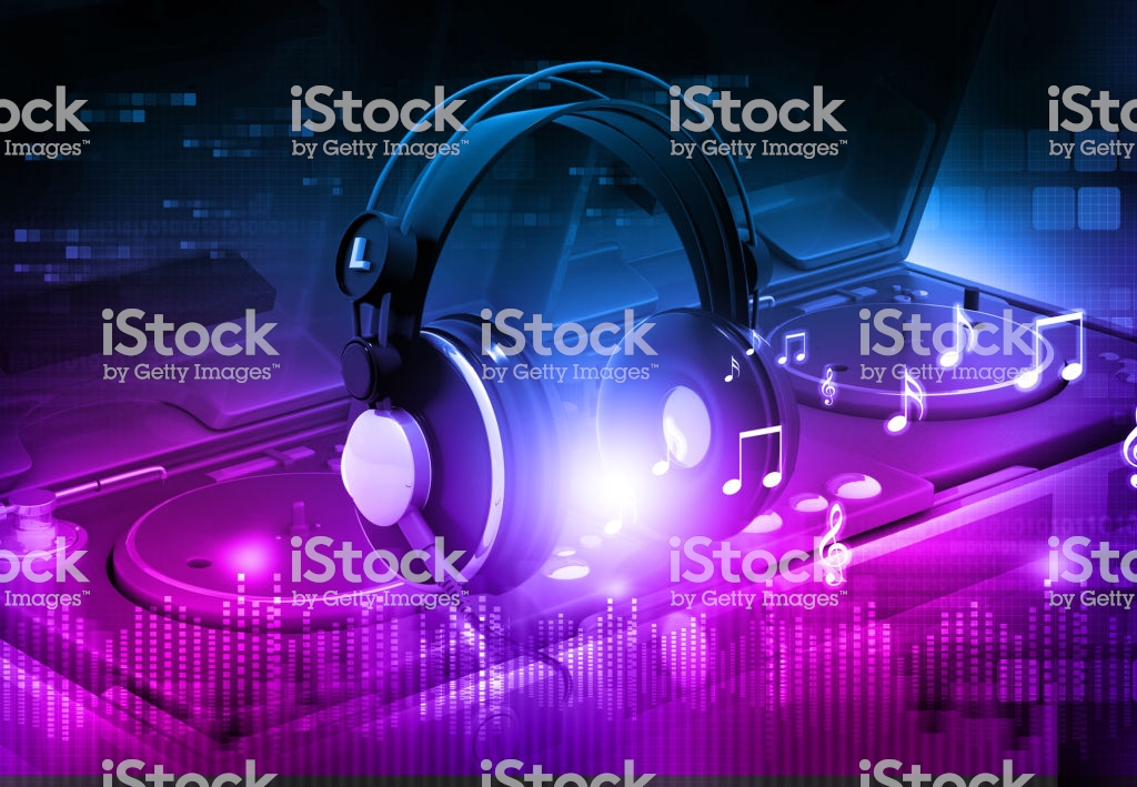 Dj Mixer With Headphones Party Background Stock Photo