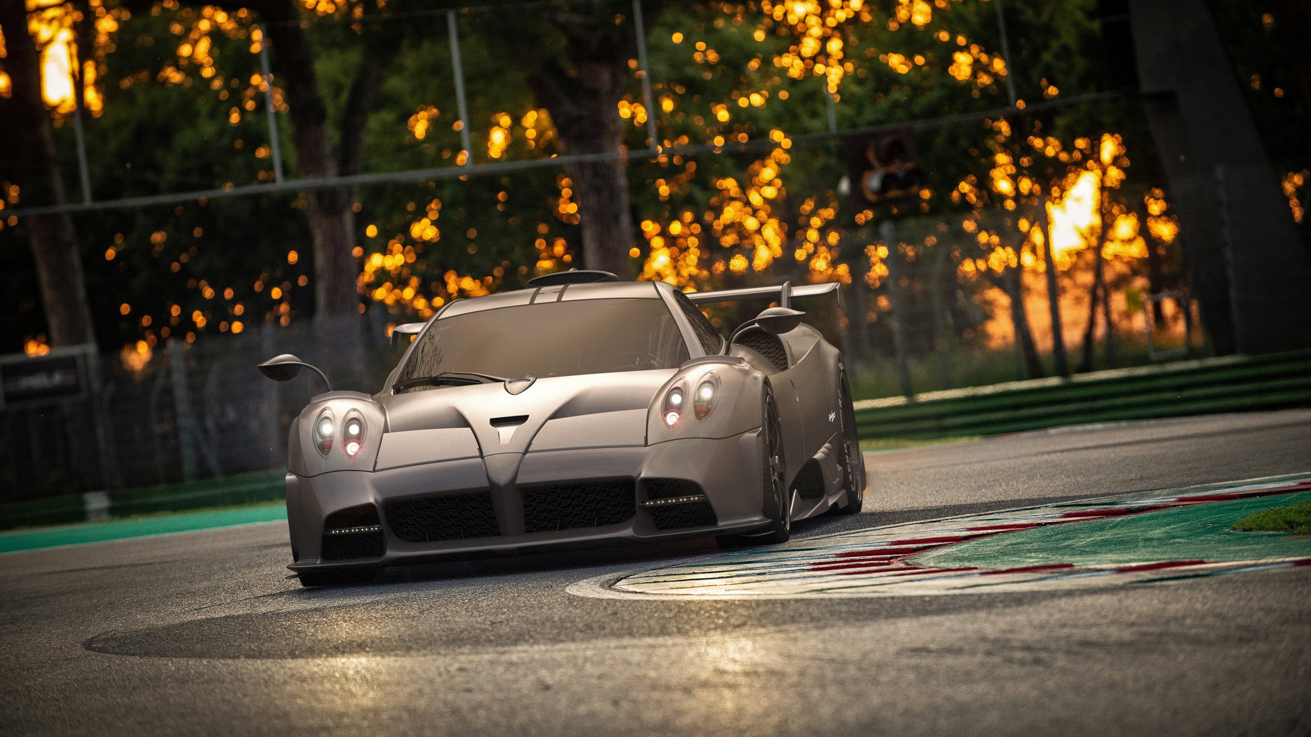 A sleek Pagani Huayra supercar sits on a race track, bathed in the warm glow of the setting sun