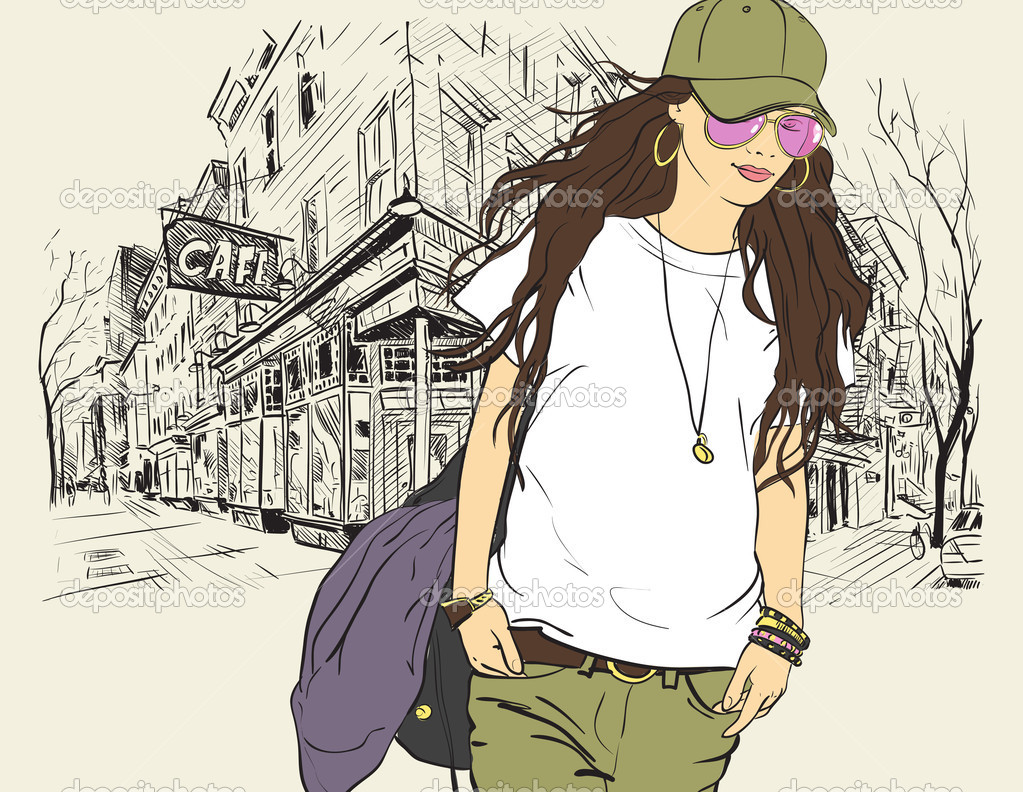 Fashion Girl In Sketch Style On A Street Cafe Background Vcedisn