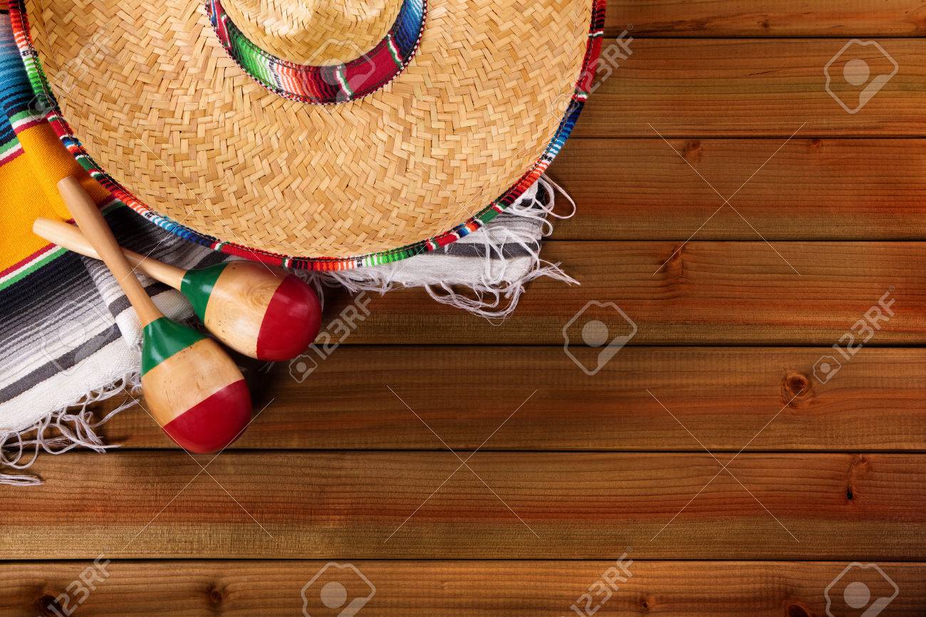 Mexico Cinco De Mayo Wood Background Mexican Sombrero Stock Photo