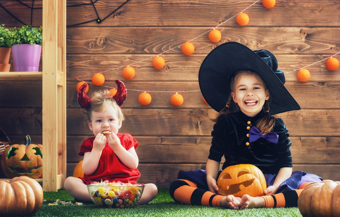 Wallpaper Holiday Girls Child Hat Candy Halloween Pumpkin