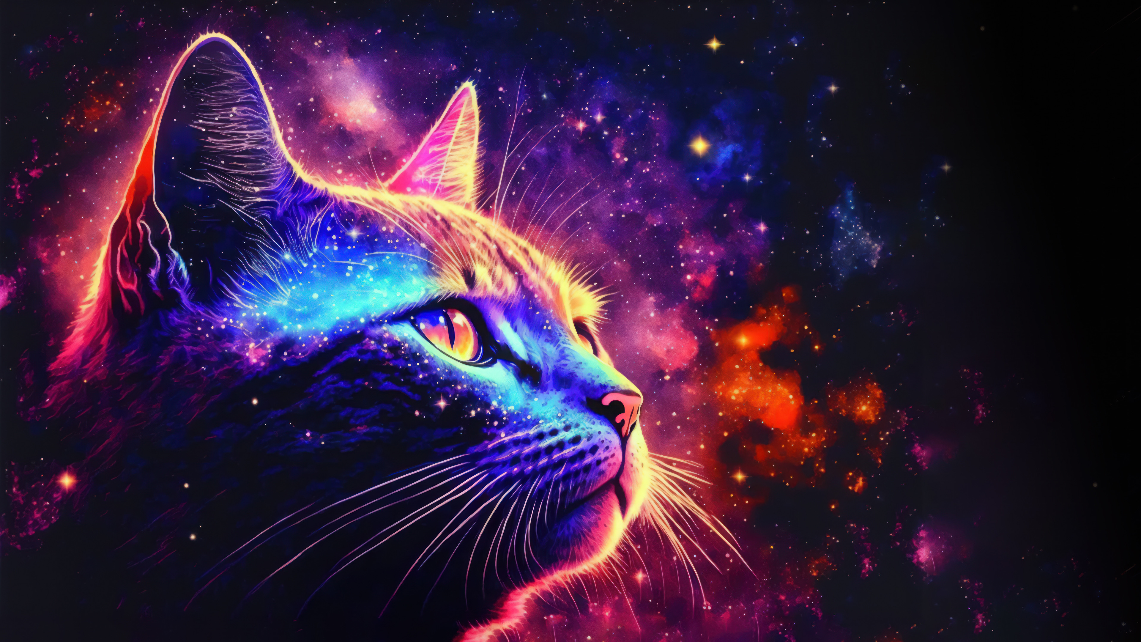 A vibrant 4k wallpaper featuring a cosmic cat with a nebula pattern, set against a backdrop of colorful stars and galaxies