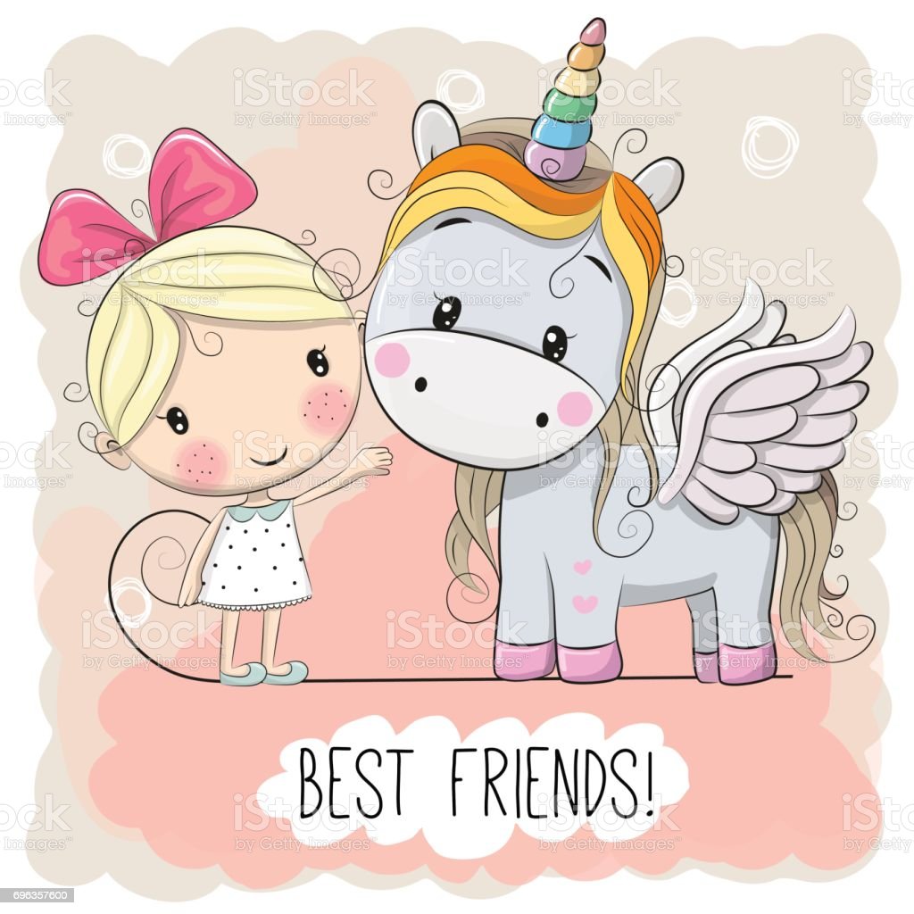 Cute Cartoon Girl And Unicorn Stock Illustration Image