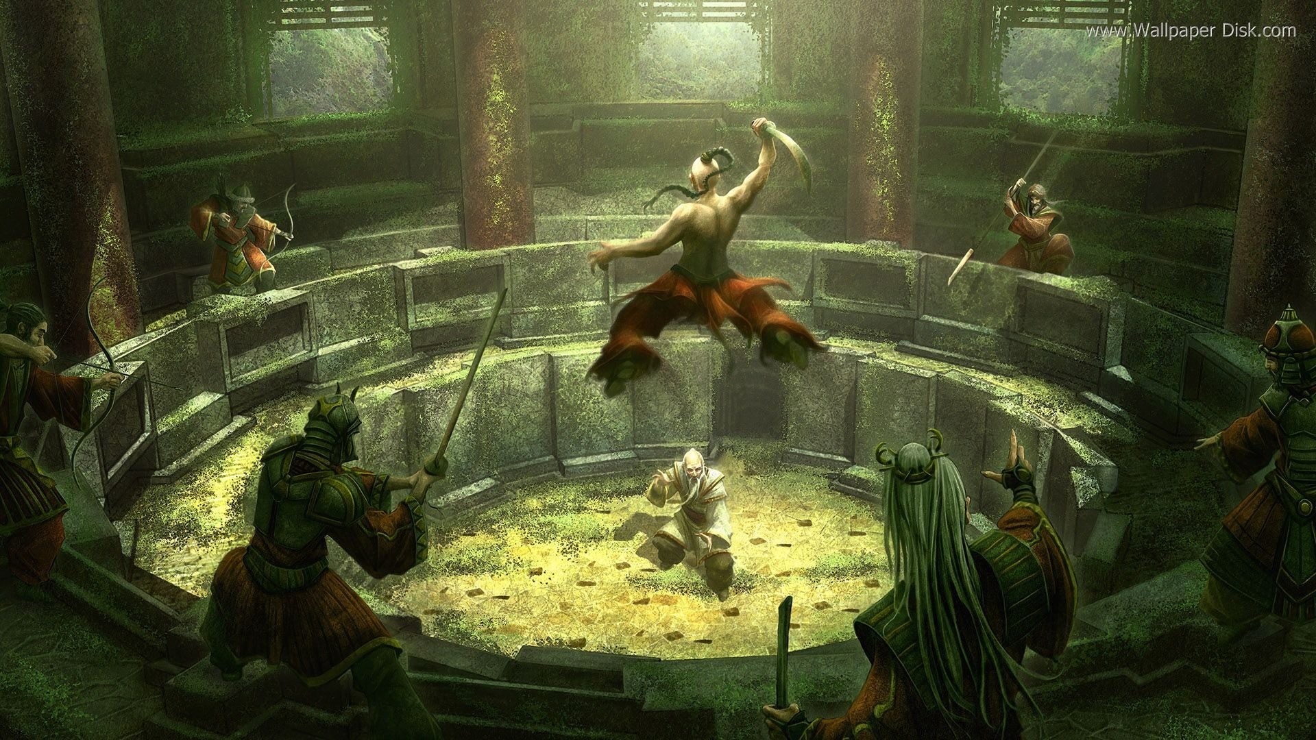 A thrilling martial arts scene unfolds in a moss-covered arena, featuring a leaping warrior and others armed with various weapons
