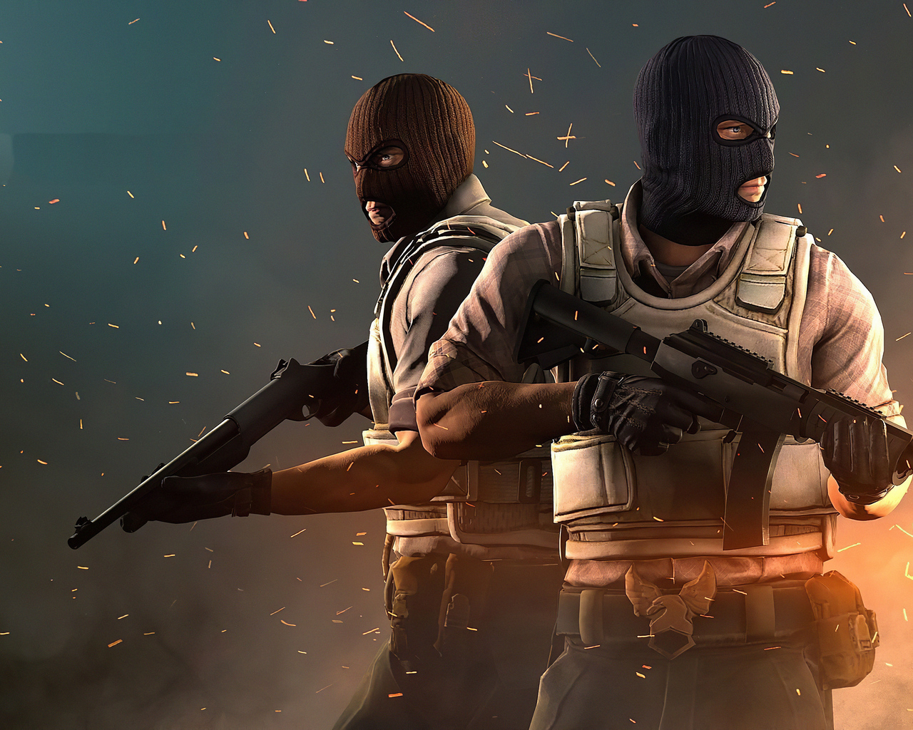 Two Counter-Strike: Global Offensive characters in tactical gear, one holding a shotgun and the other an assault rifle, against a backdrop of flying sparks