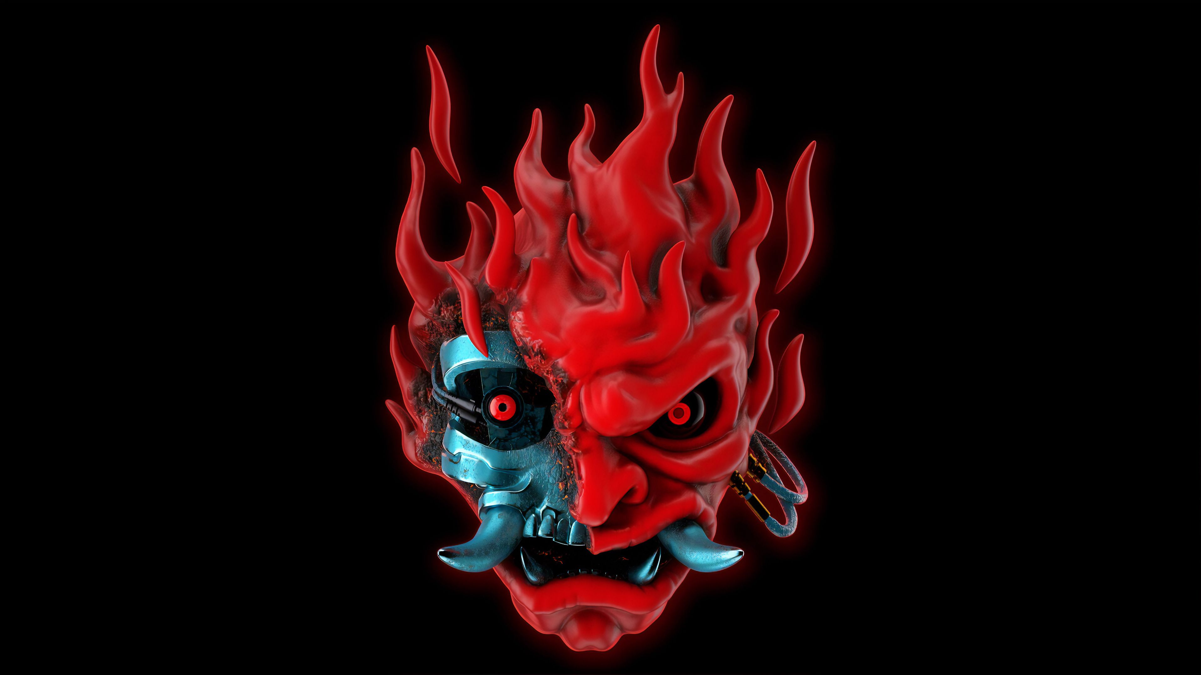 A Cyberpunk-inspired Oni mask with flaming red hair and a partially robotic blue face, set against a black background. Perfect for gaming setups