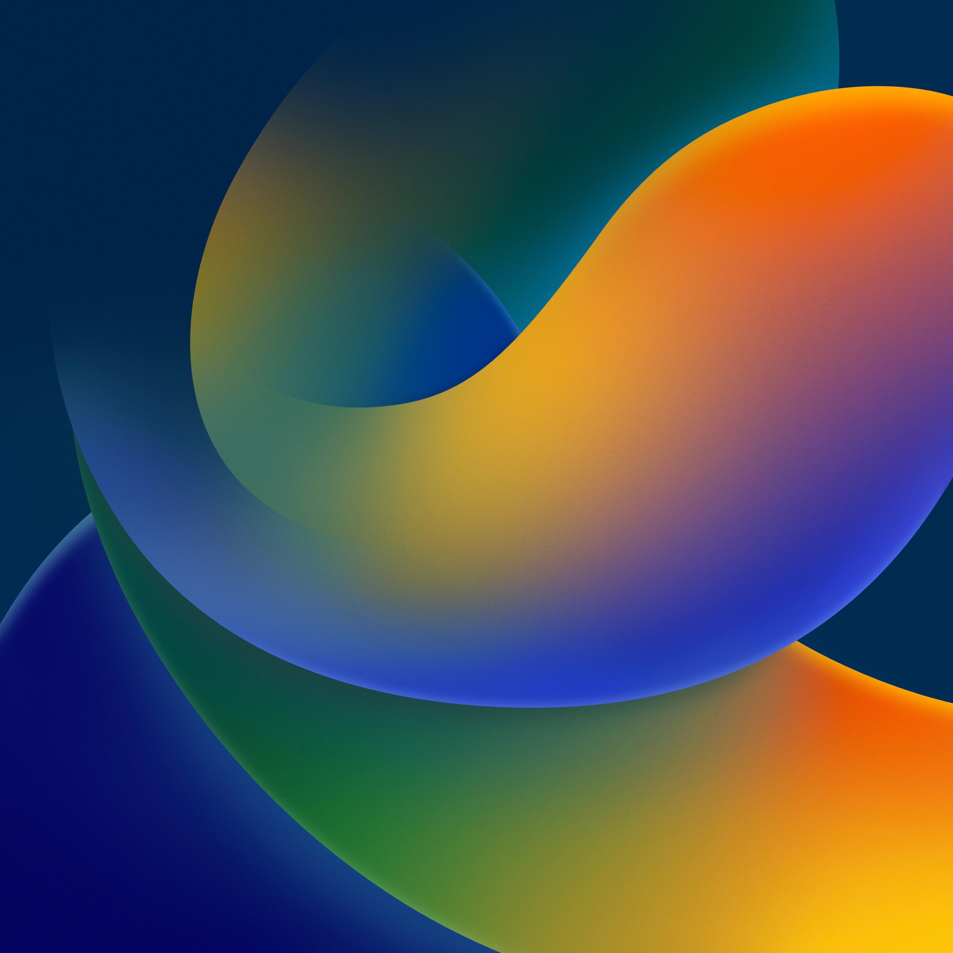Abstract iPhone 16 wallpaper with swirling gradients of orange, blue, green, and yellow on a dark blue background