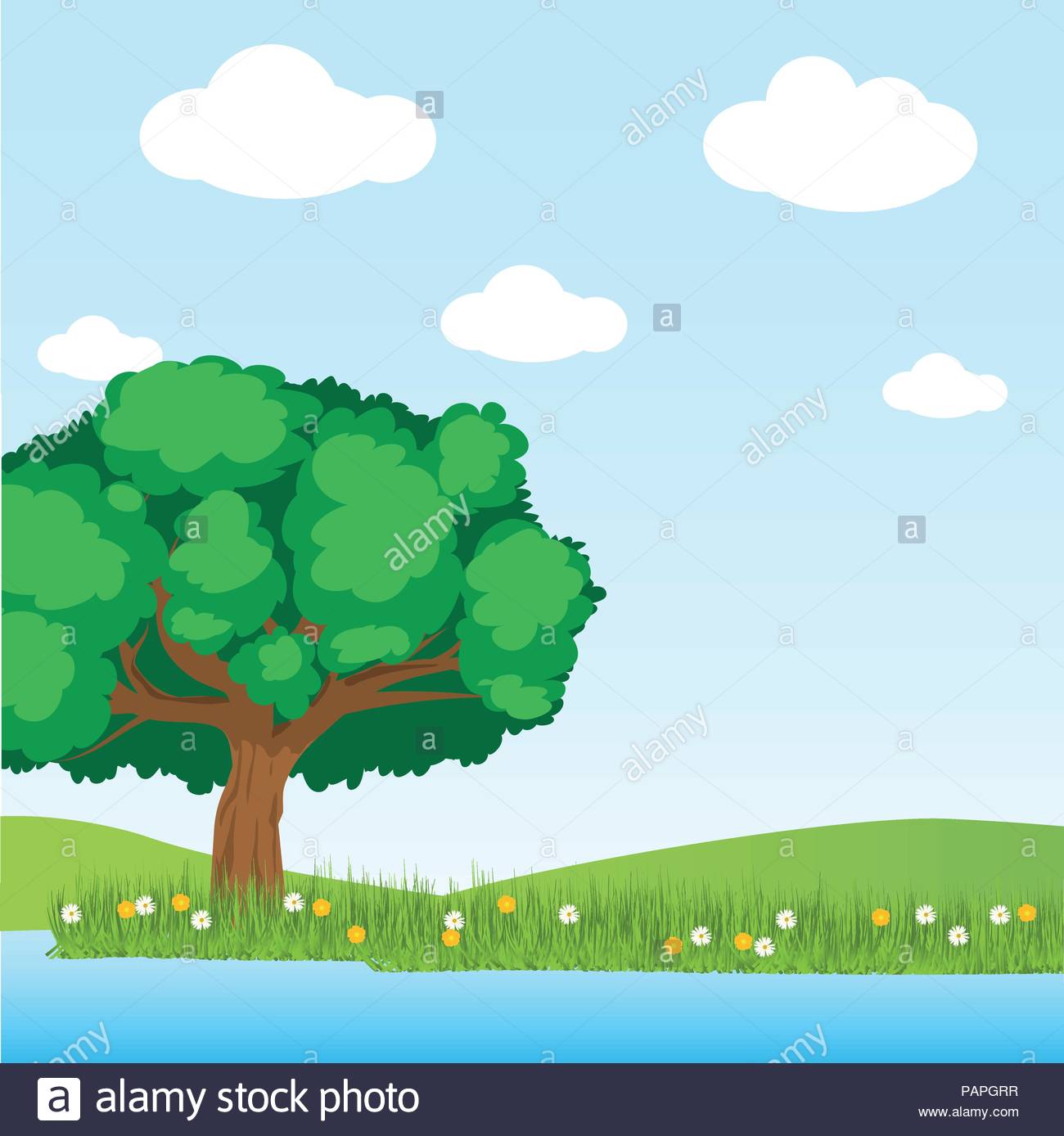 Greenery Tree And Lake Scene In The Field On Blu Sky Background