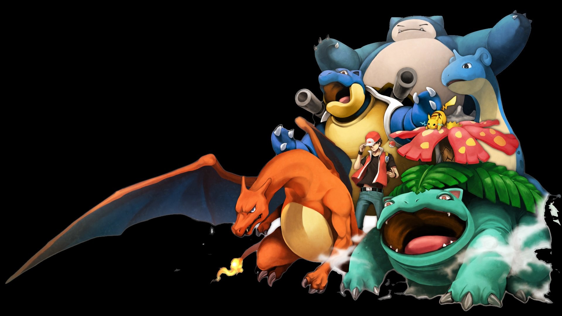 A dynamic illustration featuring iconic Pokémon characters from Pokémon Black, including a trainer, Charizard, Blastoise, Venusaur, Snorlax, and others against a dark background