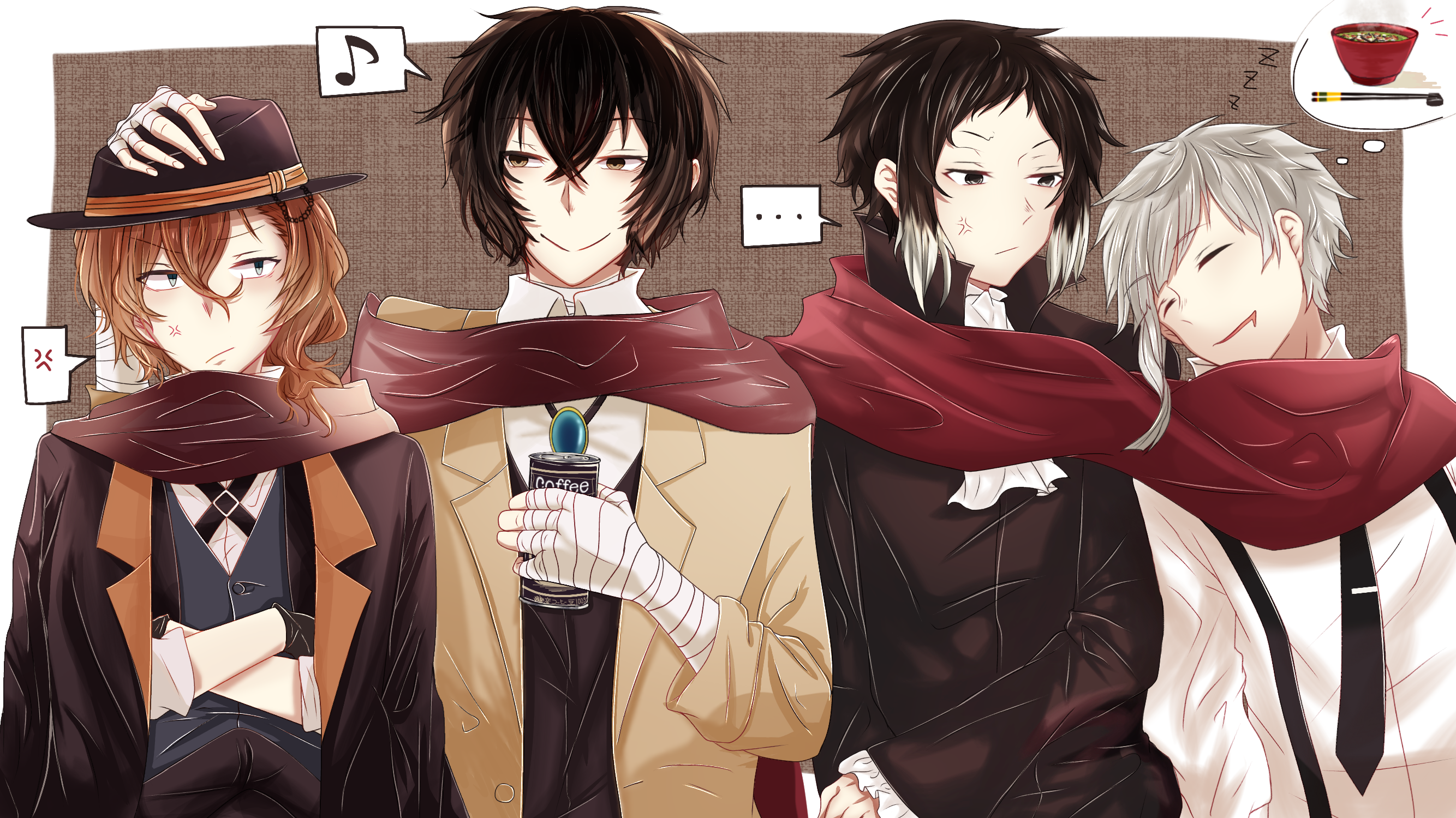 Four anime characters from Bungo Stray Dogs huddle together, three sharing a red scarf. One character holds a coffee can, another dreams of a bowl of ramen, and the last grumbles with crossed arms