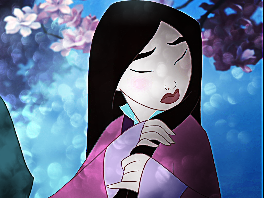 A close-up of Mulan from the Disney movie, with a thoughtful expression, against a backdrop of blurred blossoms and a blue sky