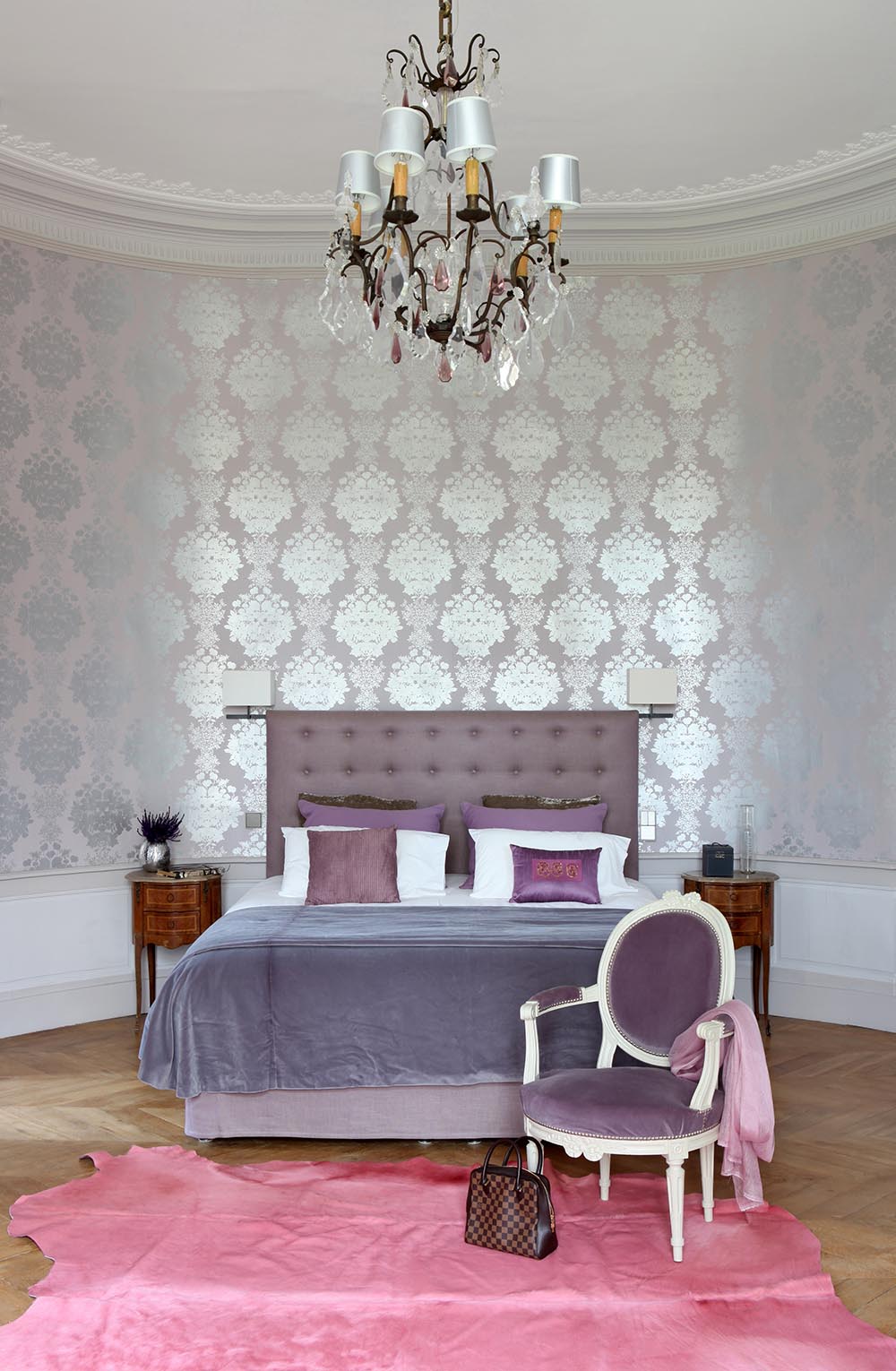 Metallic Wallpaper And Muted Shades Of Lavender Make This Bedroom