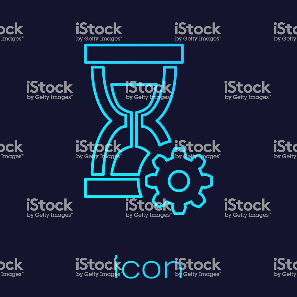 Turquoise Hourglass And Gear Line Icon Isolated On Blue Background