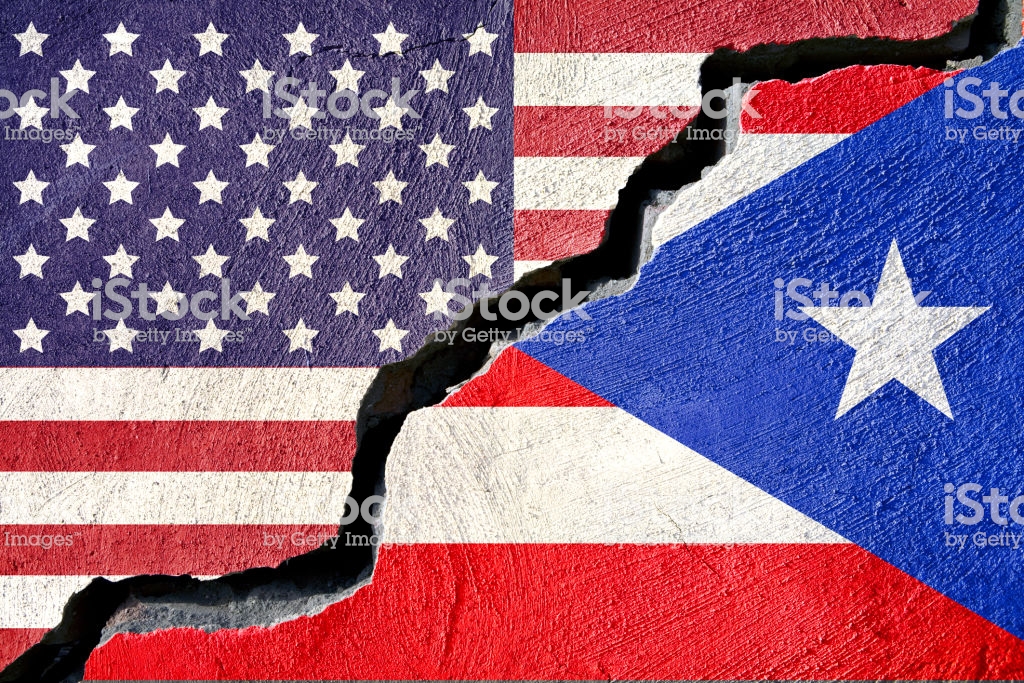 Concept American And Puerto Rico Flag On Cracked Background Stock