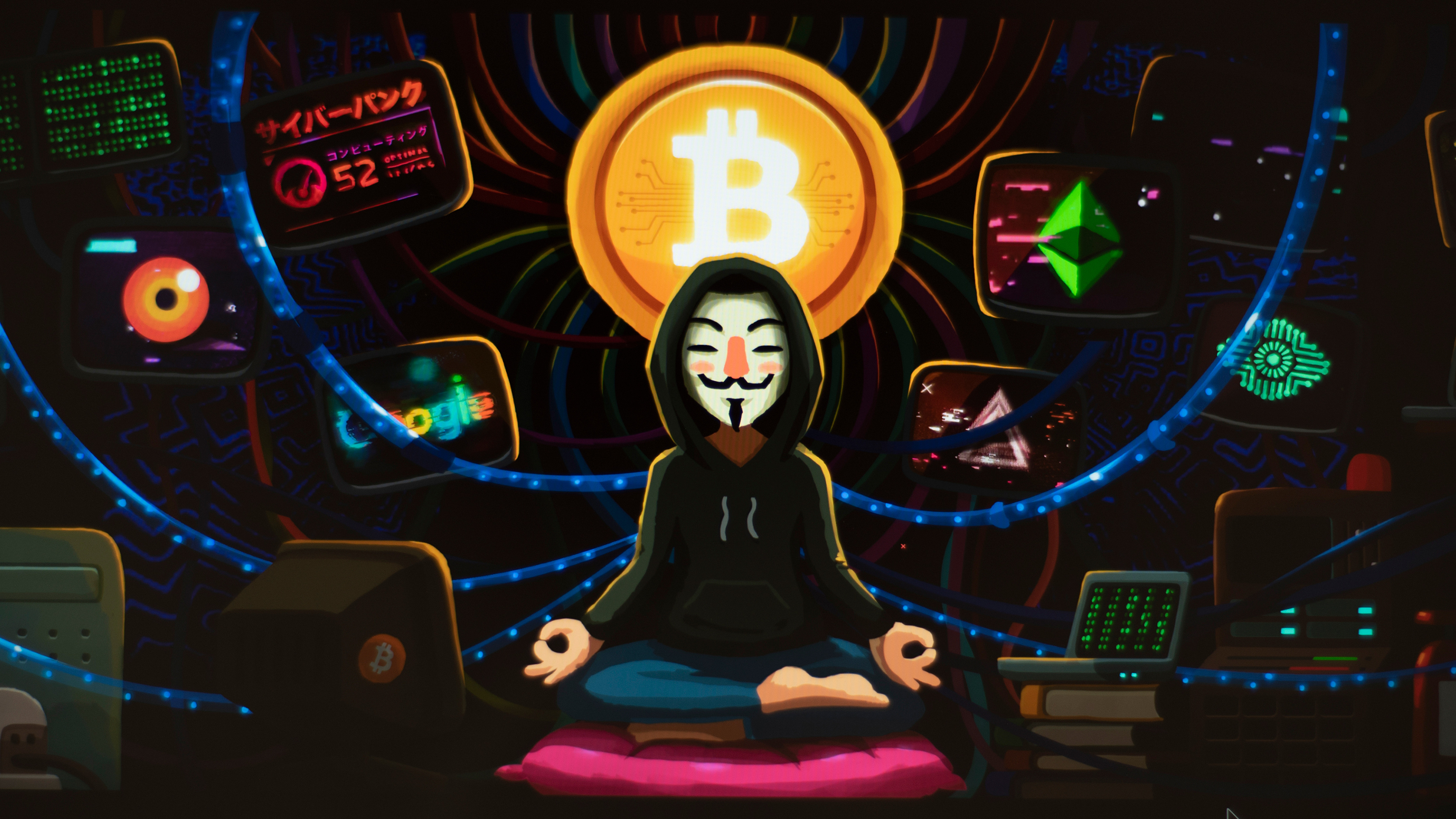 A stylized depiction of a hacker wearing a Guy Fawkes mask, meditating amidst a network of computer screens displaying cryptocurrency symbols like Bitcoin and Ethereum, with connections to various online entities