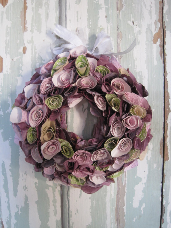Recycled Paper Rose Floral Wreath Wall And Door Decor Vintage