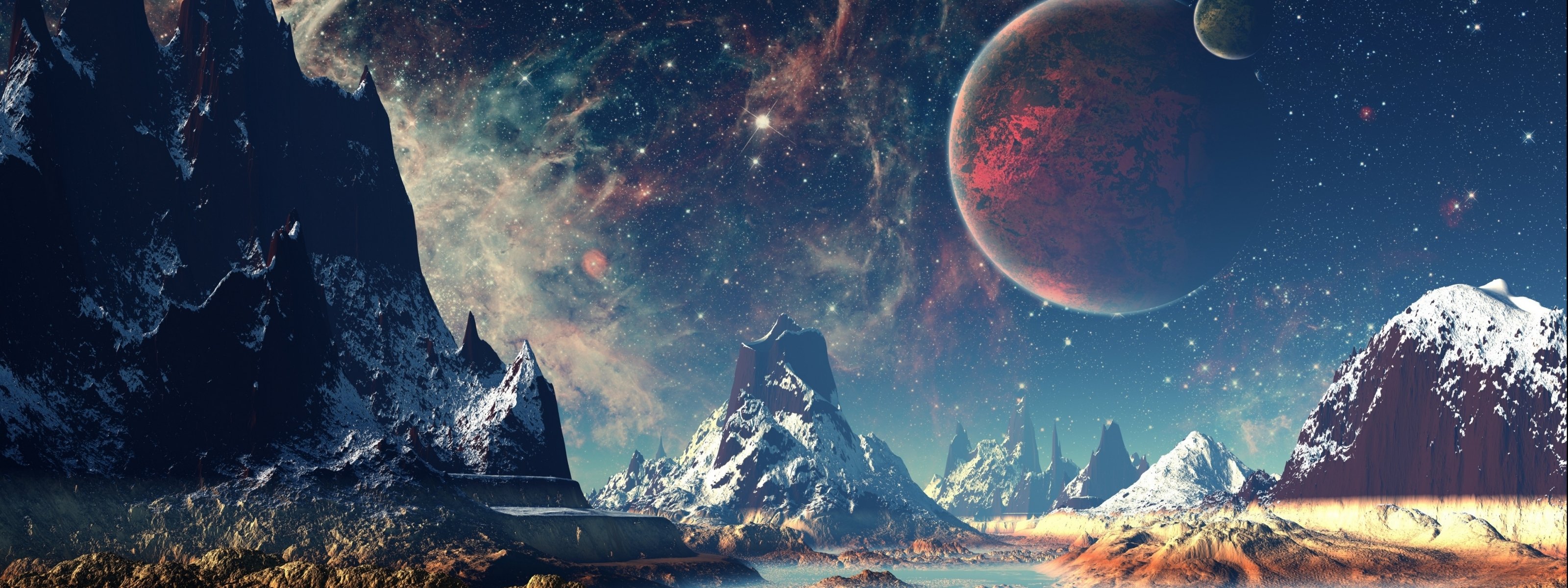 A breathtaking panoramic view of a vibrant alien landscape with towering, snow-capped mountains under a starry sky featuring colorful nebulae and large planets