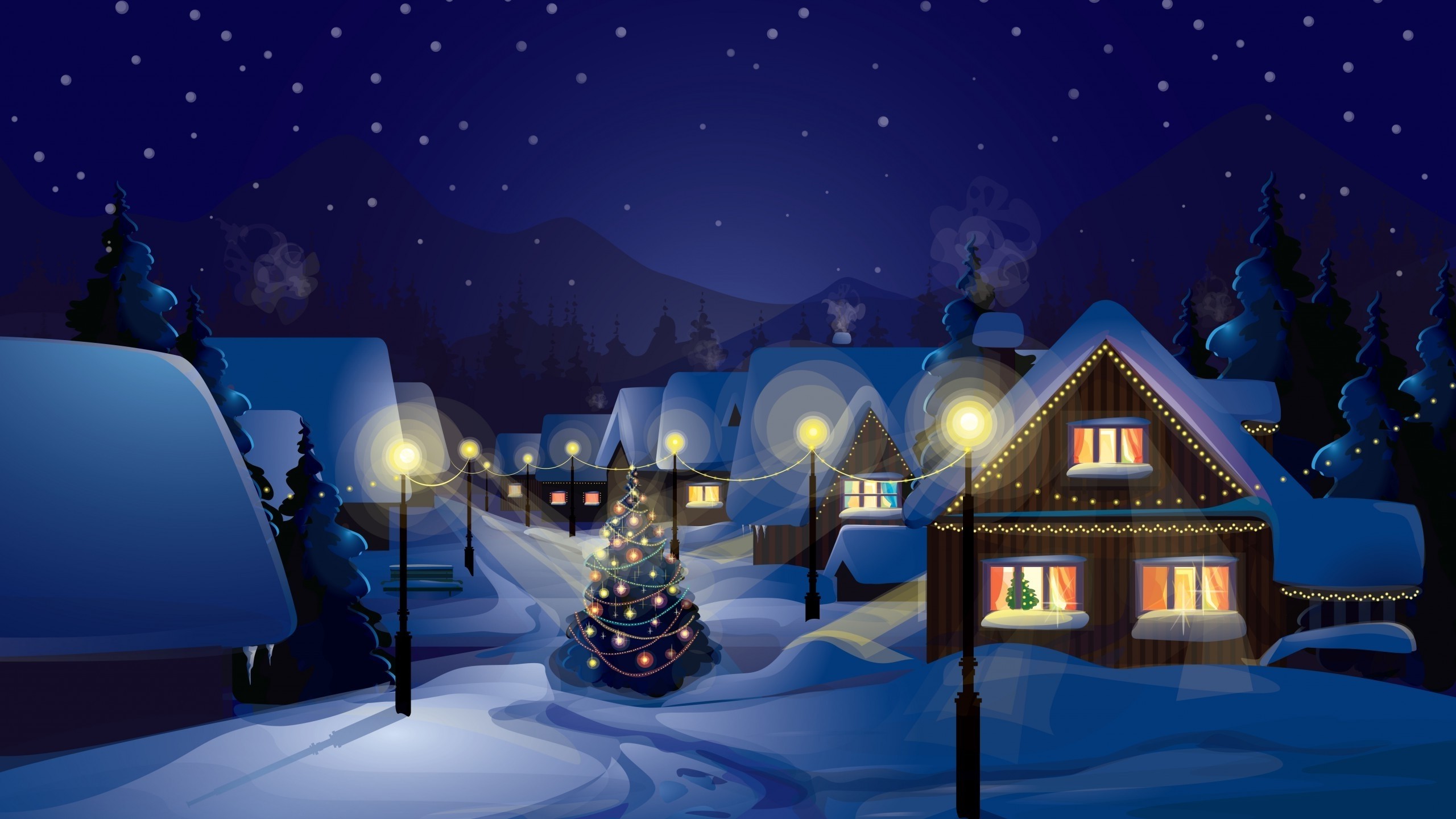 Christmas Village Tree Snow Wallpaper HD