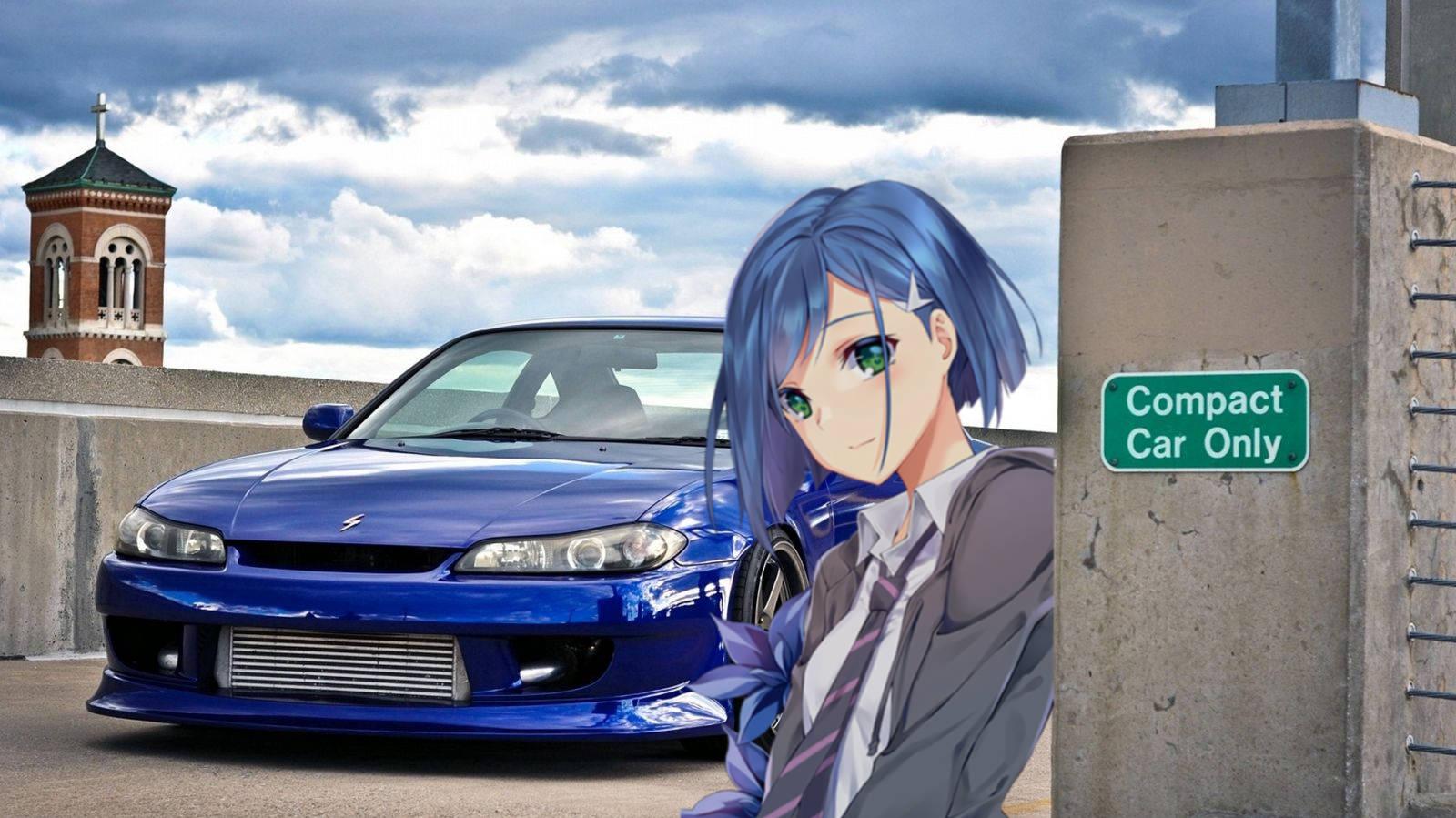 Download Caption Anime Girl With Stylish Blue JDM Car Wallpaper