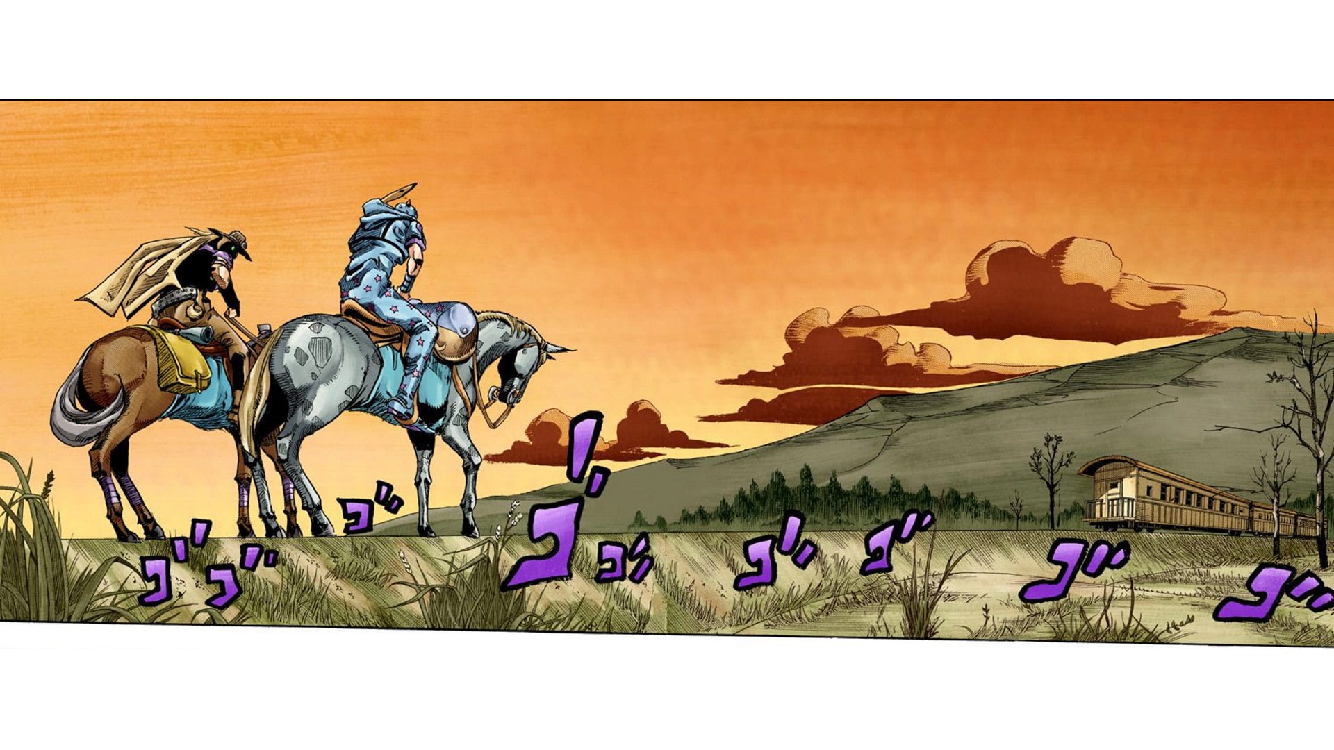 Two characters from Steel Ball Run, Gyro Zeppeli and Johnny Joestar, ride horses towards a distant train at sunset
