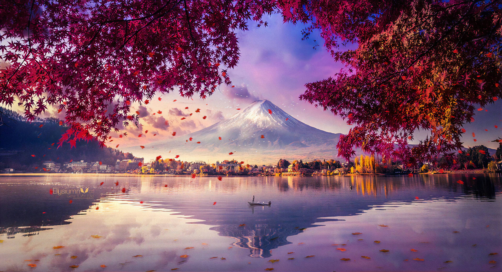 A stunning 4k wallpaper of Mount Fuji in autumn, reflected in a serene lake. Colorful leaves fall around a lone boat, creating a tranquil Japanese scene