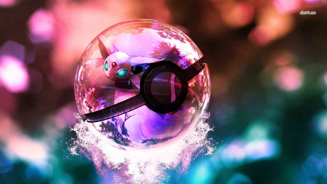 A Pokemon, Sylveon, is inside a Pokeball with bubble effects surrounding the Pokeball. The background is blurred pink and green gradient