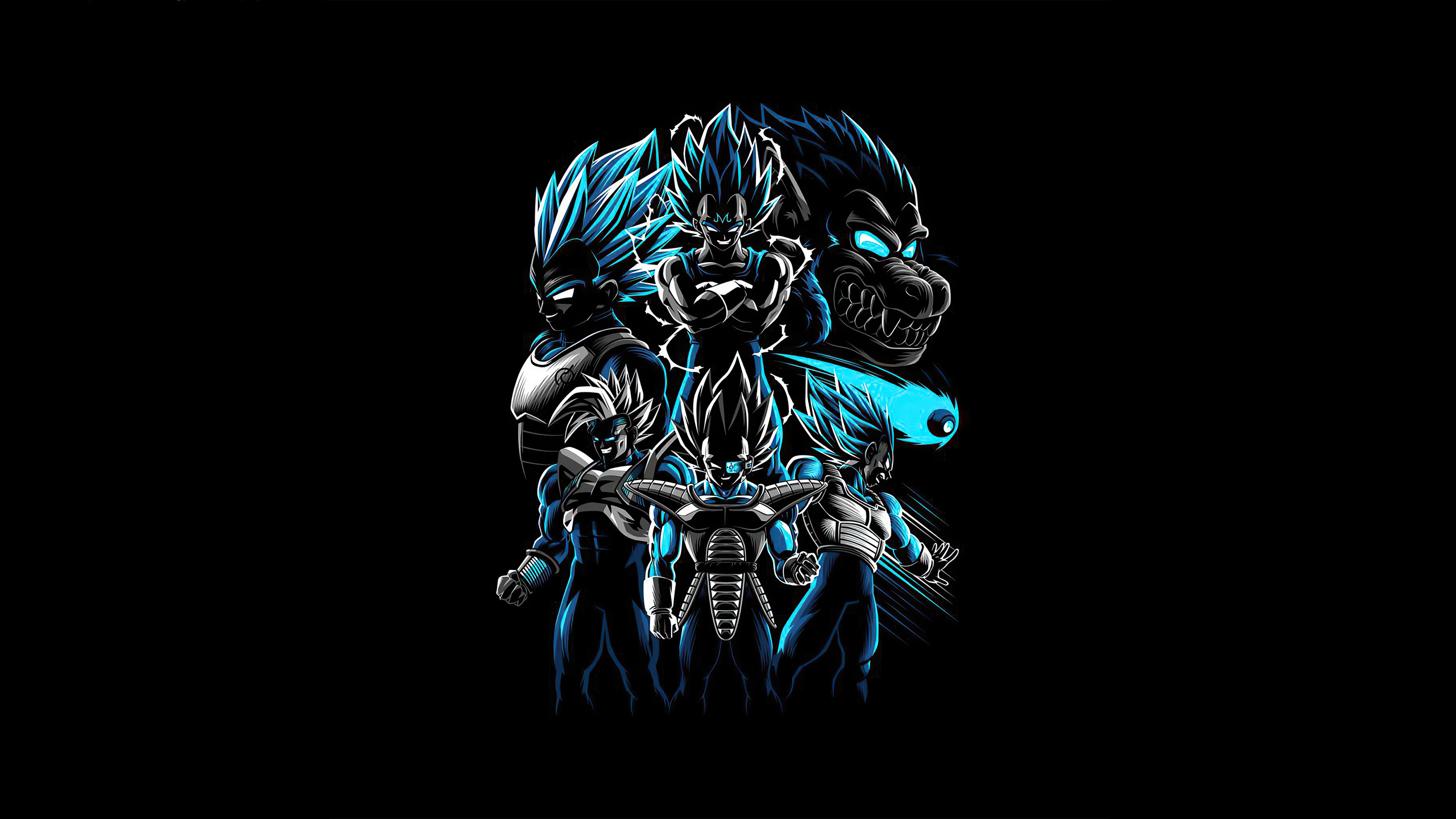 A cool, dark-themed illustration featuring various forms of Vegeta from Dragon Ball Z, including his Super Saiyan forms and Great Ape transformation