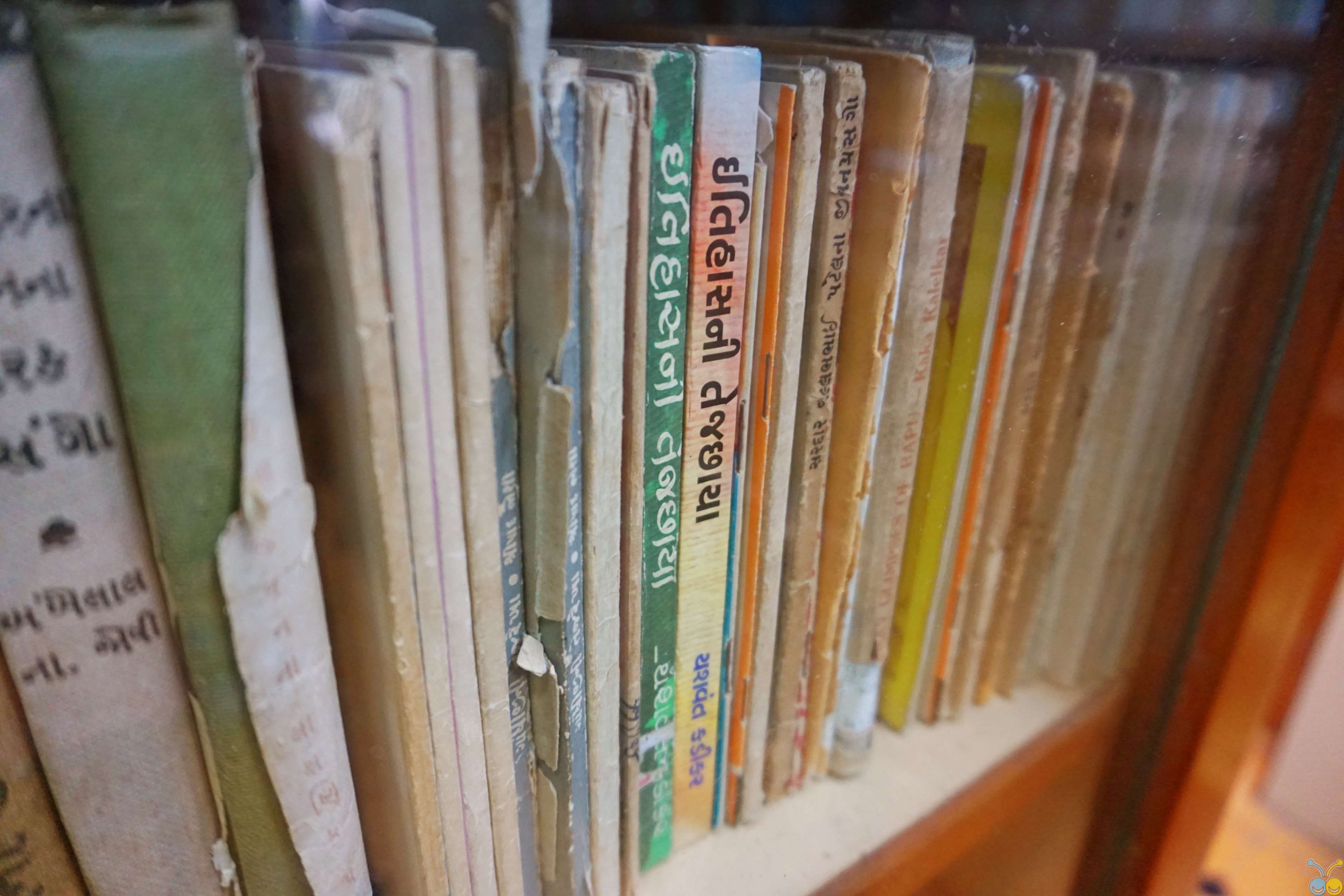 Close-up view of aged books on a wooden shelf, with a focus on the book titles written in Gujarati script
