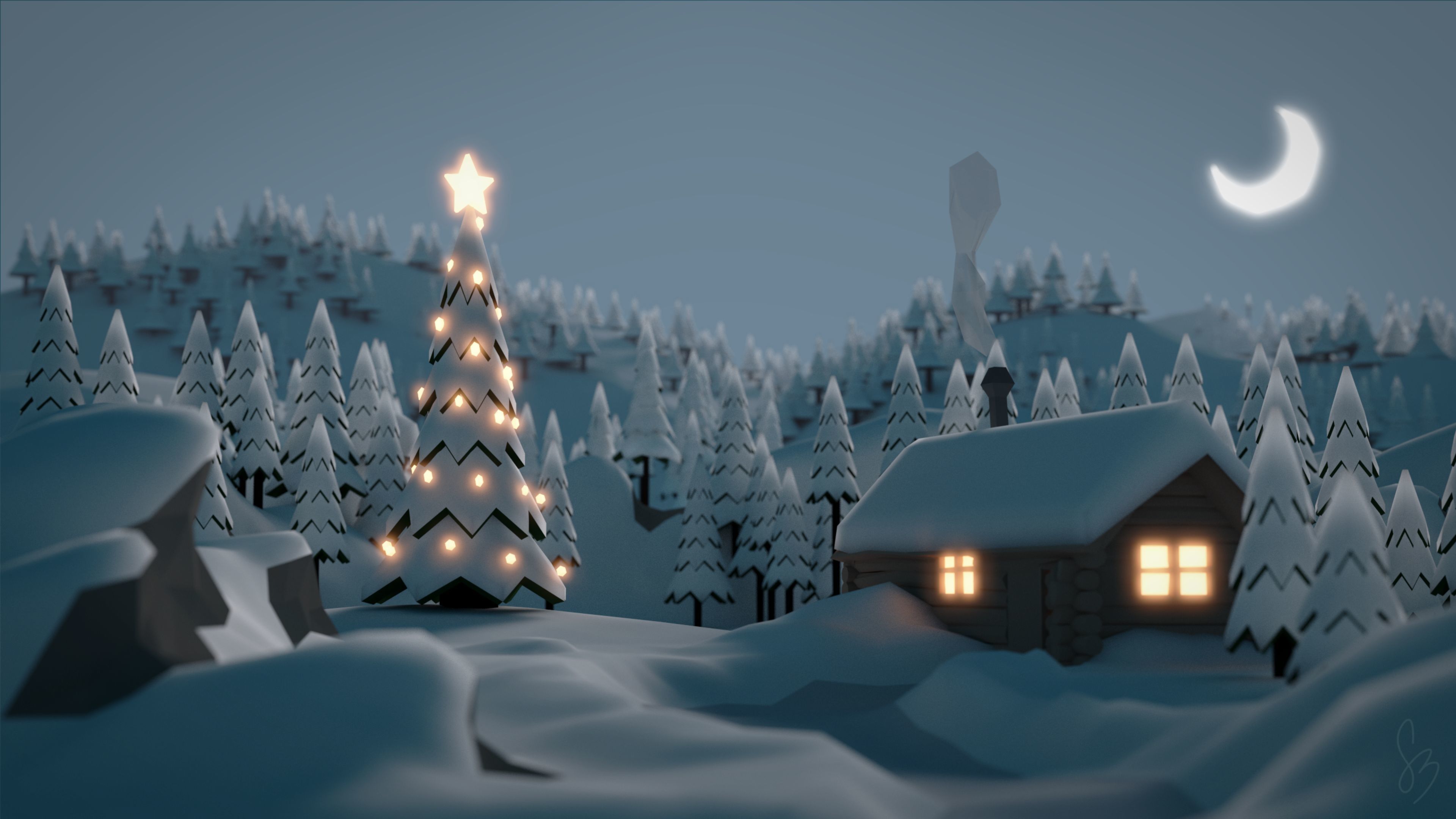 A cozy winter cabin nestled in a snowy forest, with a Christmas tree lit up in the foreground and a crescent moon in the background