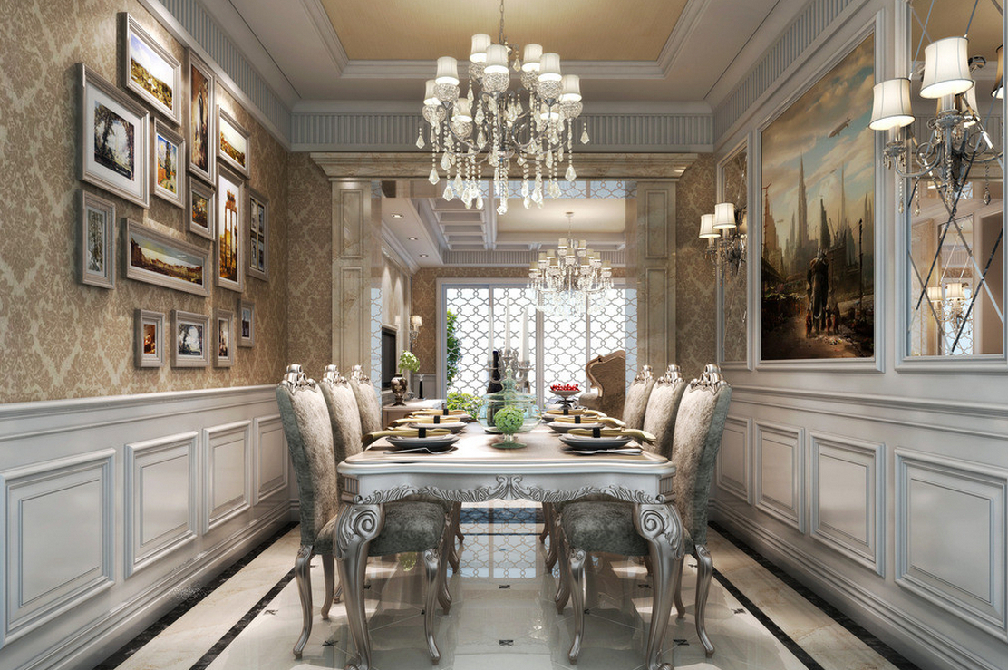 European style dining room wallpaper and decorative artworks