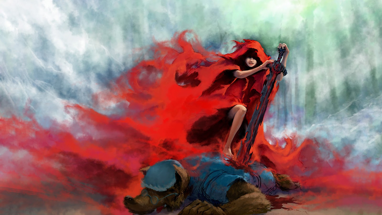 Little Red Riding Hood Fighting Wolf Sword Fantasy HD Wallpaper