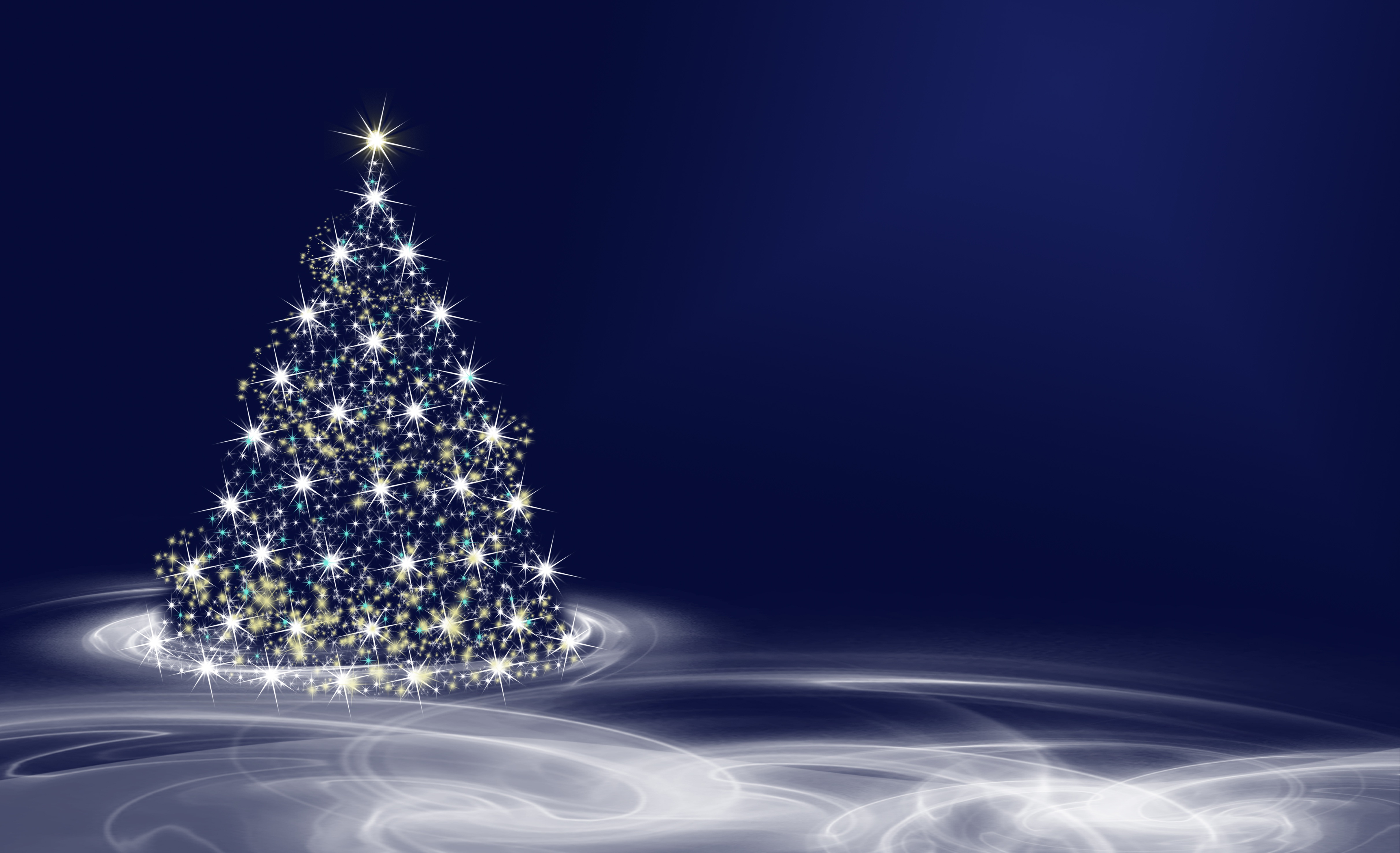A sparkling Christmas tree on a dark blue background with a soft white glow at the base, perfect for a festive 4k desktop wallpaper