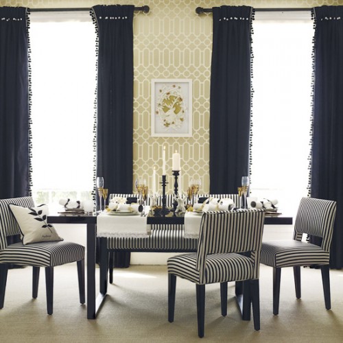 Classical dining room with modern and motif wallpaper striped chairs