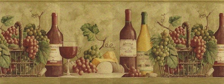 Wine Bottles Basket Of Grapes Wallpaper Border Gs96004b