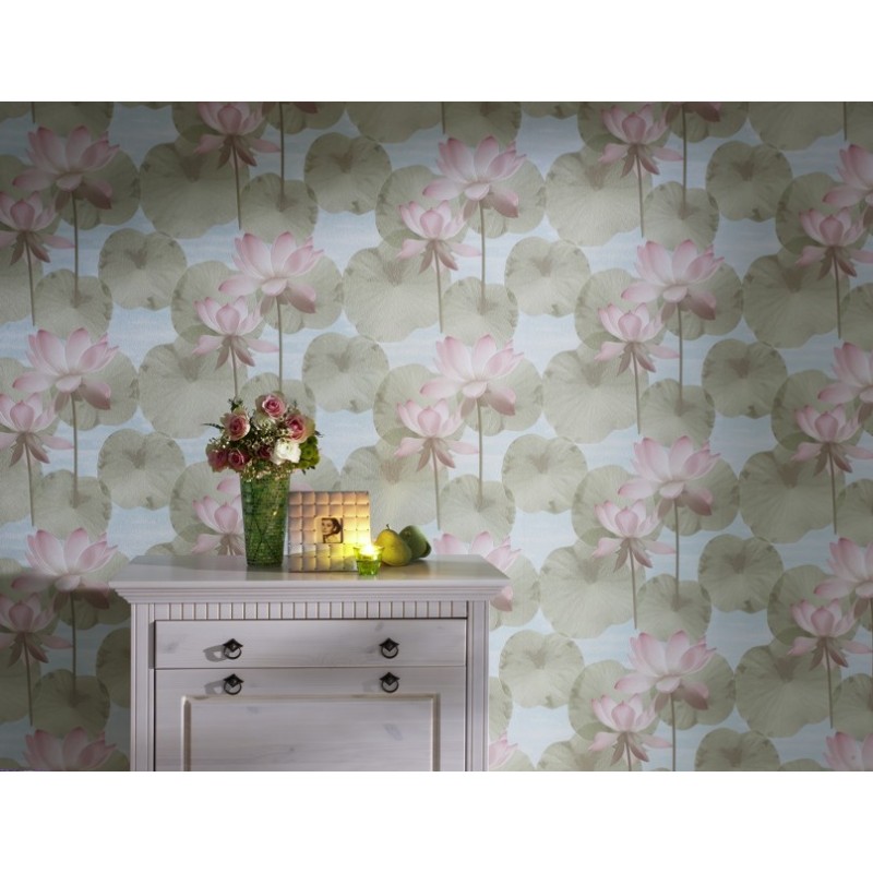 Aqua Relief Lily Pad Green Peach Washable Wallpaper By Rasch