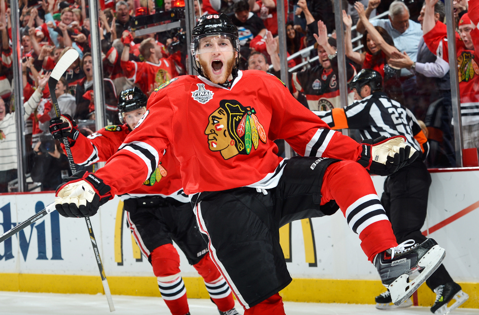 Patrick Kane Celebrates After Scoring In The First Period For His