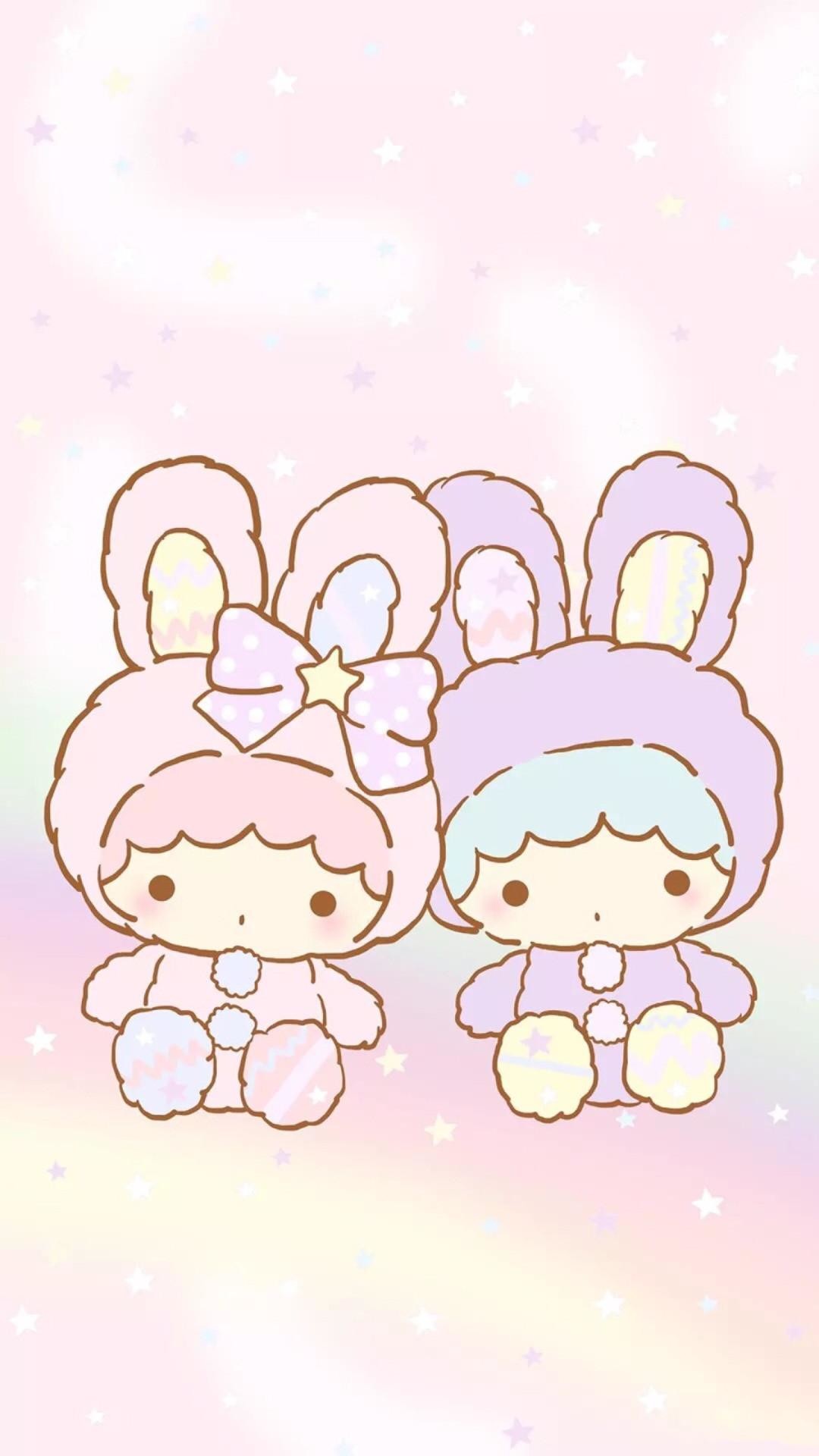Adorable pastel-colored Sanrio characters in bunny costumes on a starry background