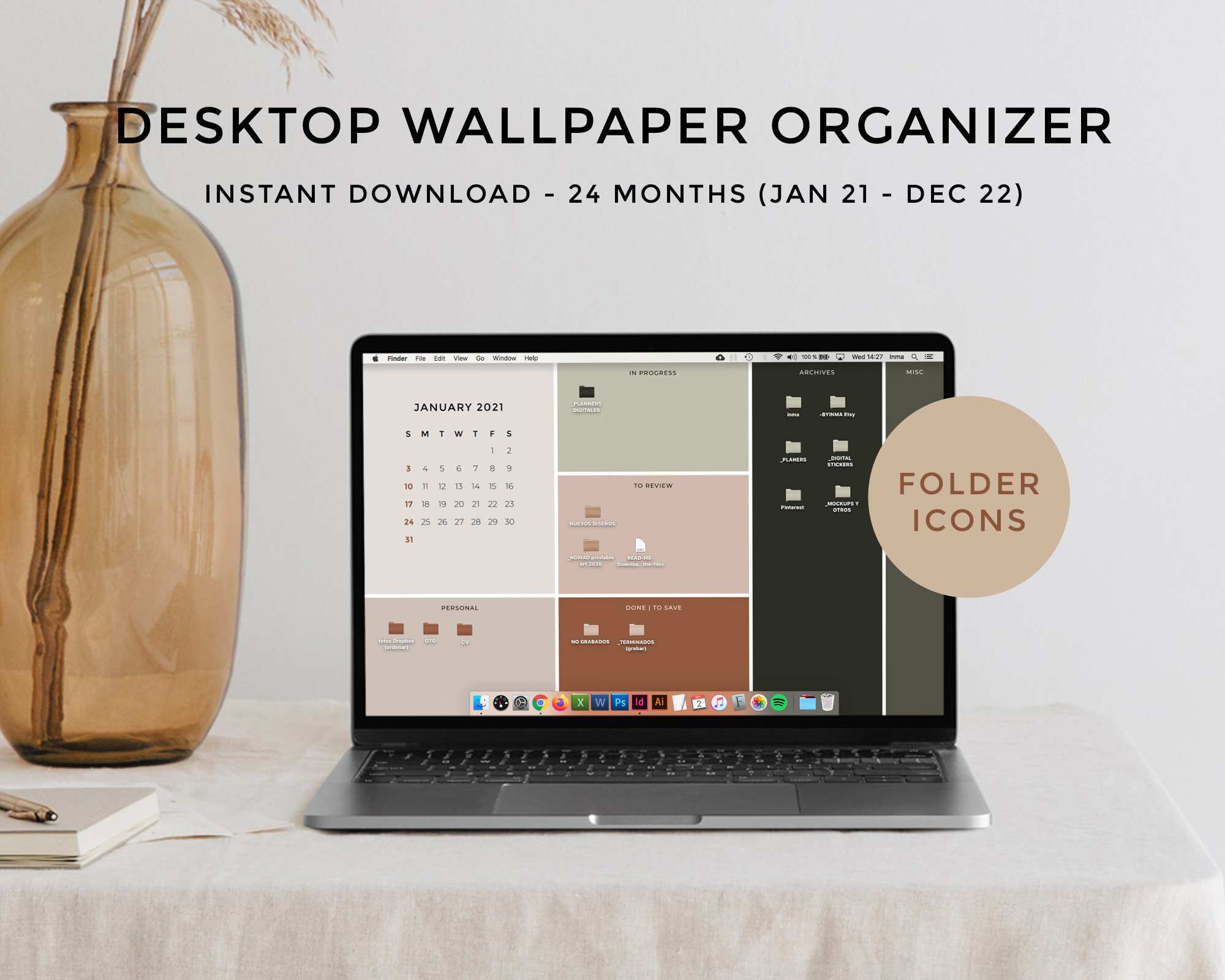 Desktop Wallpaper Organizer Calendar 2022 Minimalist Etsy 2000x1600