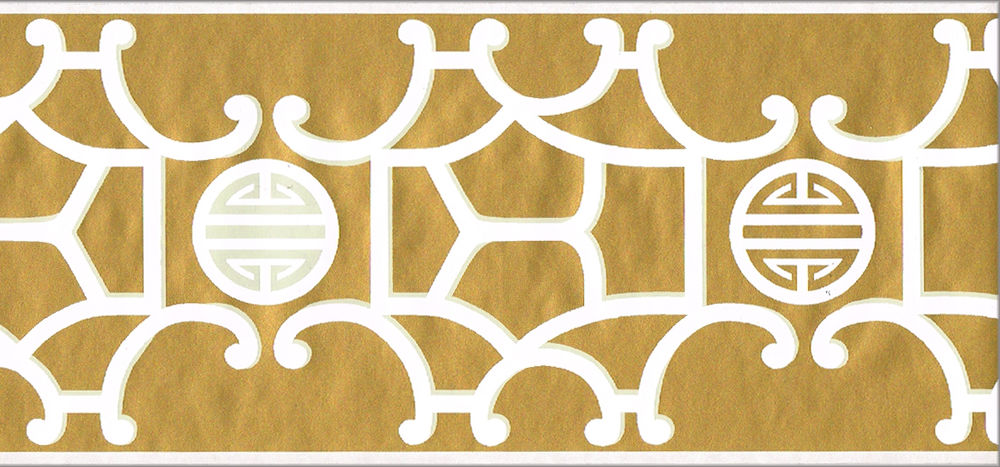 Asian Design Theme Oriental Gold White Emblem Pagoda Scroll Wallpaper