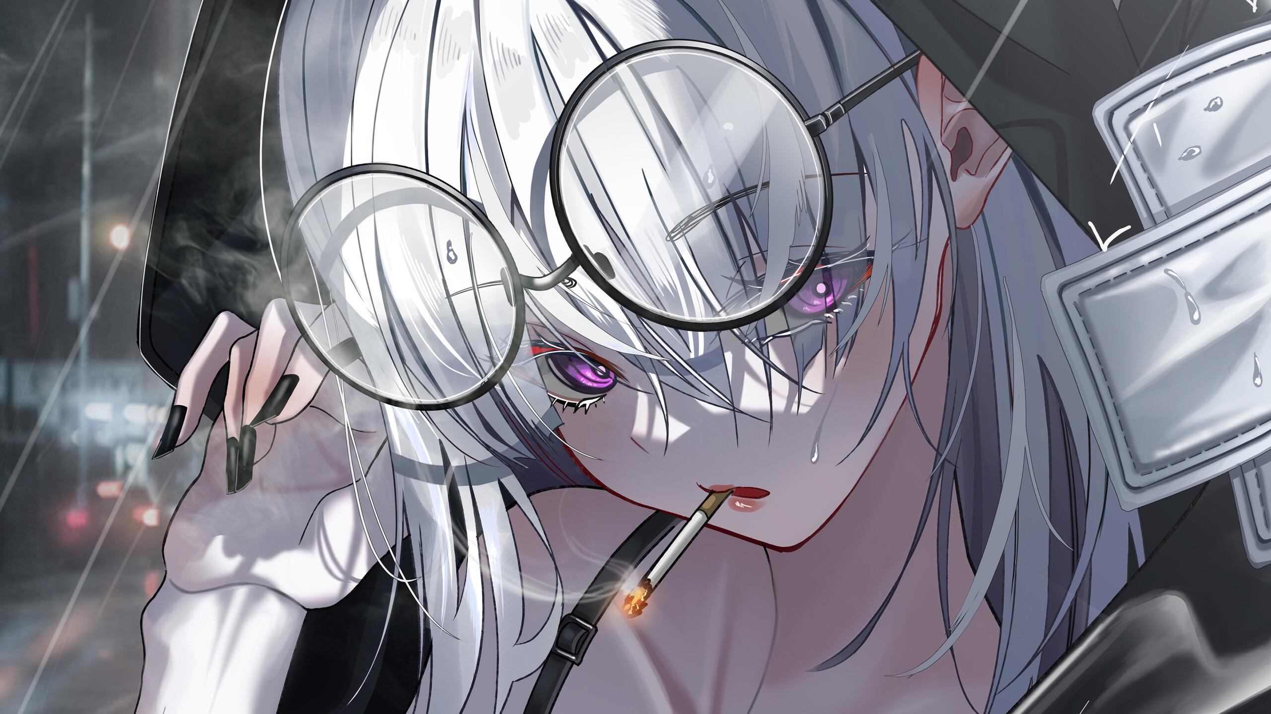 Anime Girl with Glasses Smoking White Hair 4K Wallpaper iPhone HD