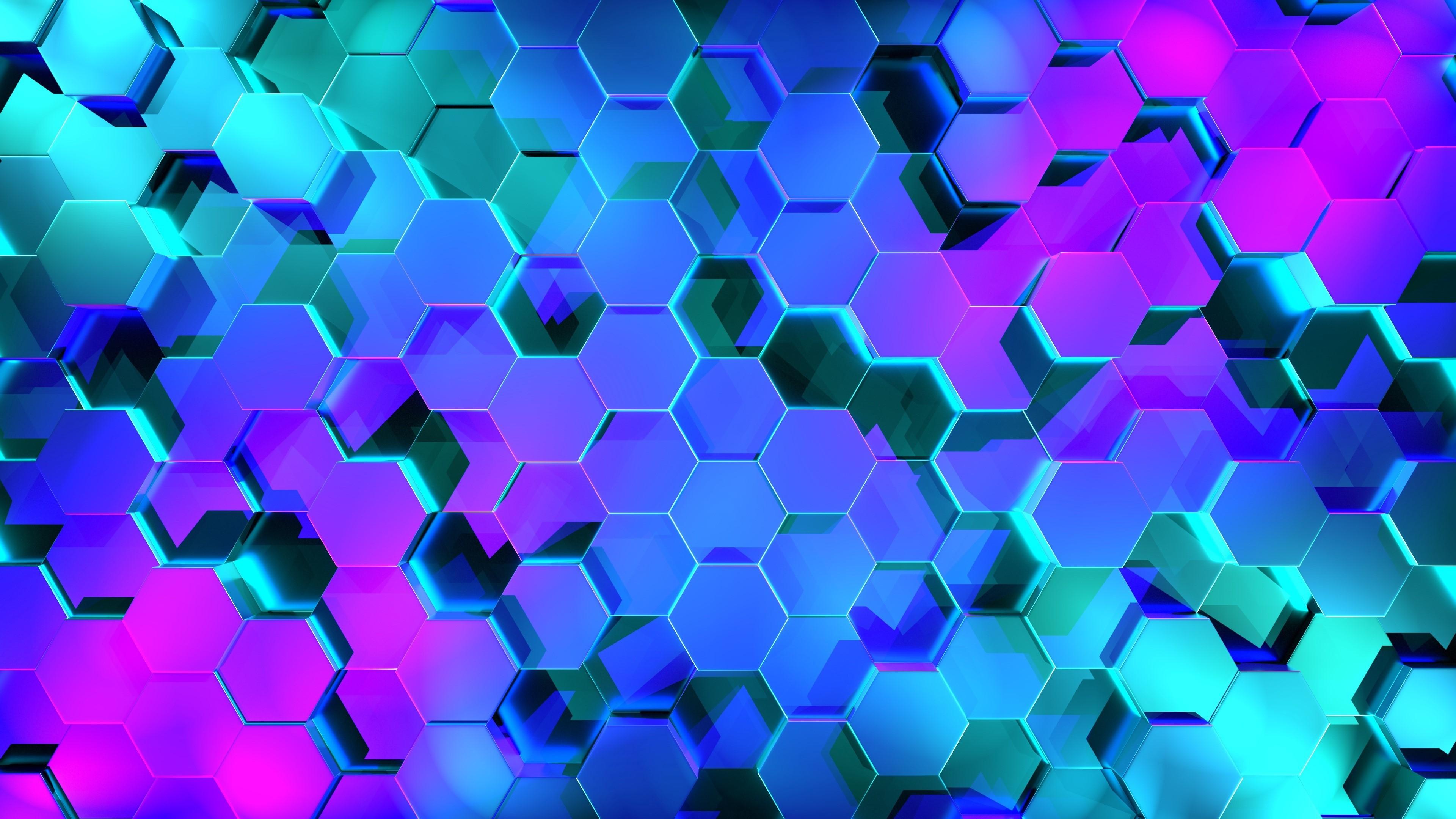 4k Hexagon Geometry Cyan Digital Art Neon Abstract