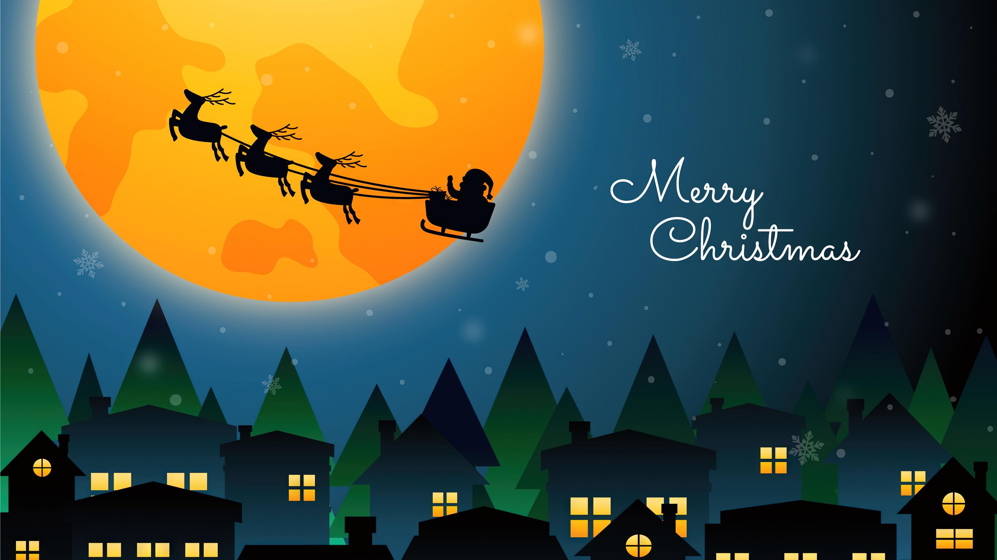 Merry Christmas Santa Claus Sleigh Reindeer Night Village 4k