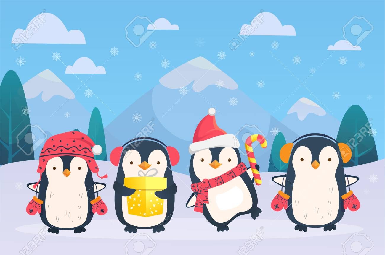 Christmas penguins on snowy background Cute penguins cartoon