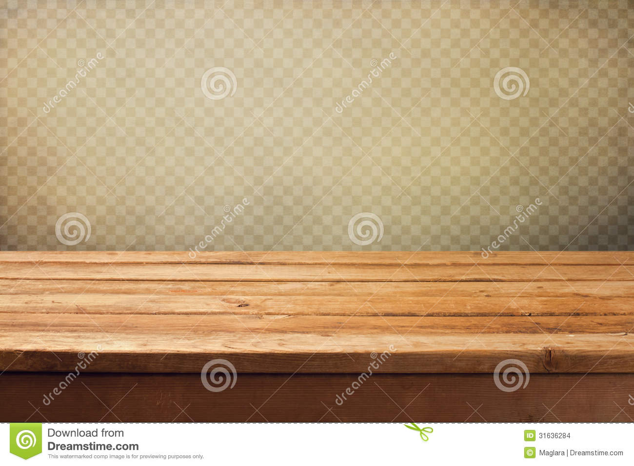 Vintage Background With Wooden Deck Table Over Grunge Wallpaper
