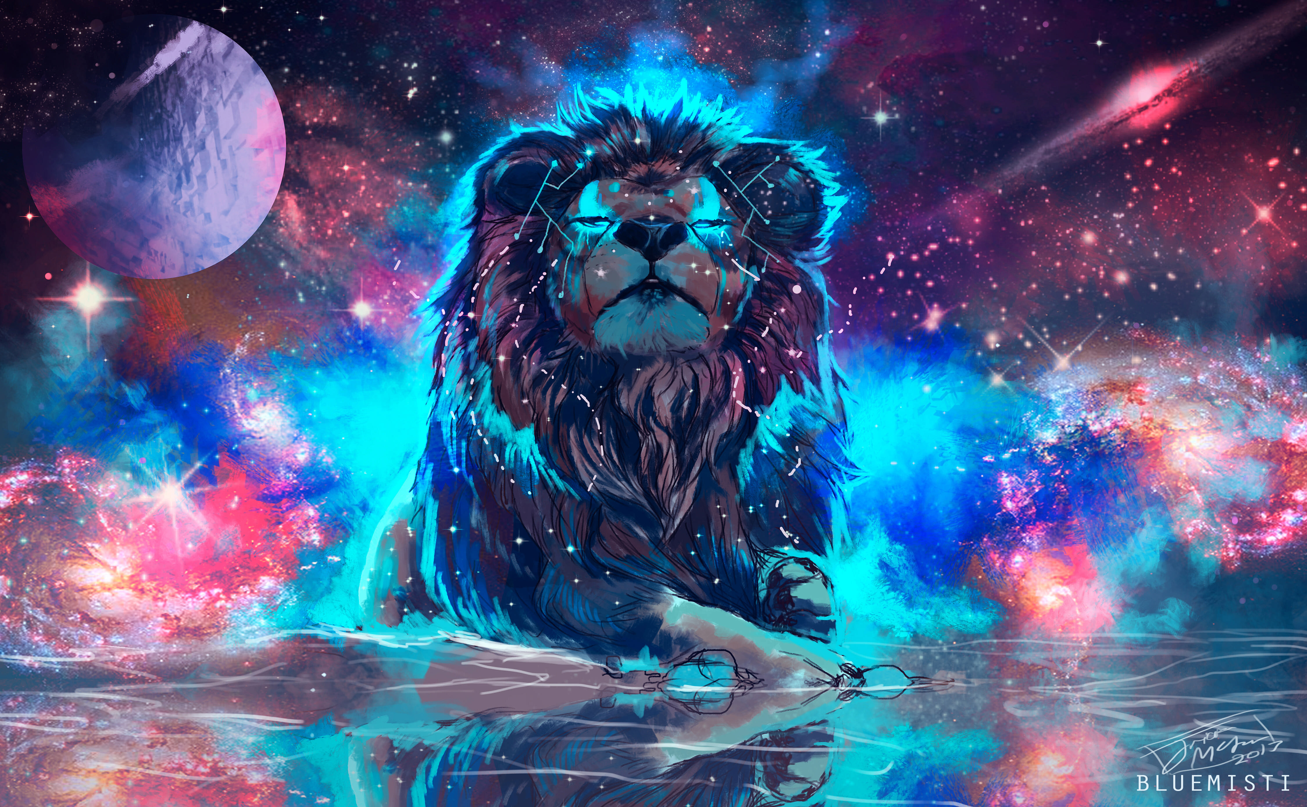 A majestic lion with a cosmic mane sits serenely amidst a backdrop of swirling galaxies and nebulae in this stunning 4k wallpaper