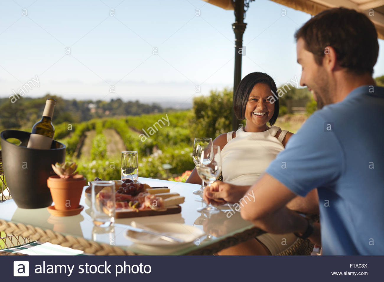 Happy Young Couple At Winery Restaurant With Vineyard In