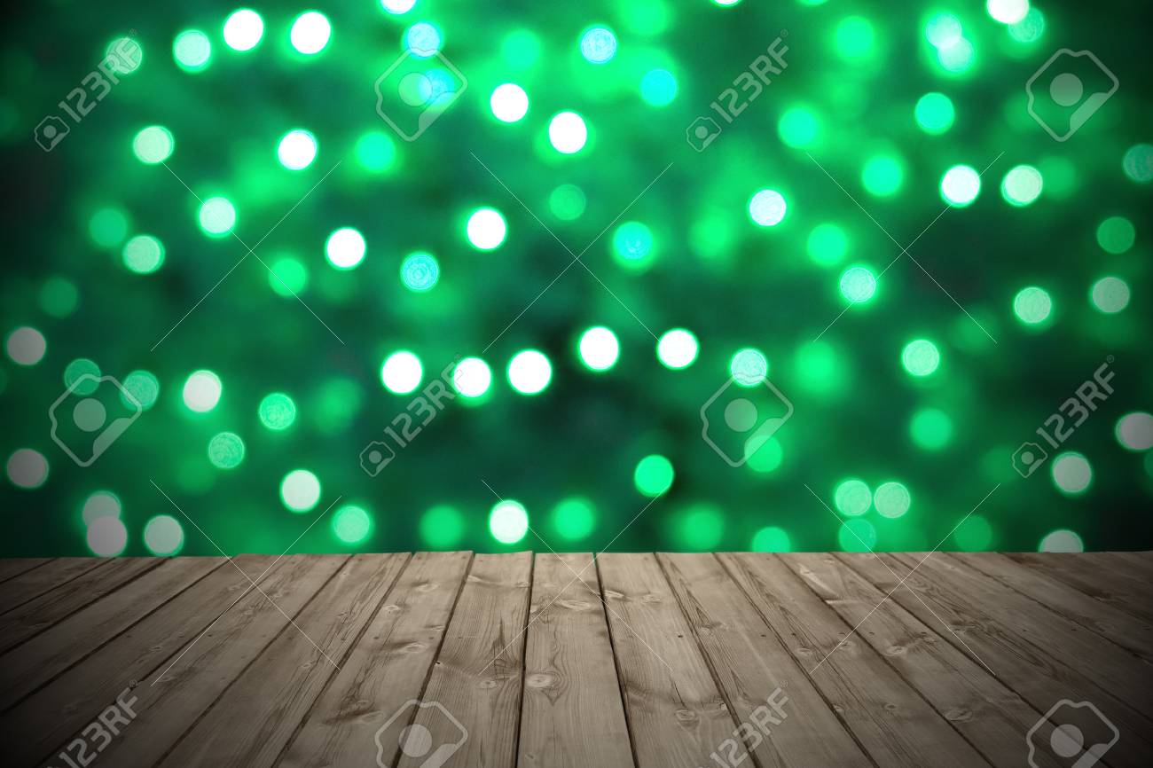 Wood Plank With Green Bokeh Background Of Christman Theme Stock