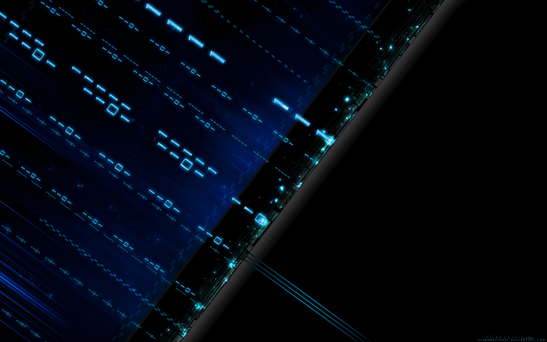 Abstract digital art wallpaper with blue binary code and black background
